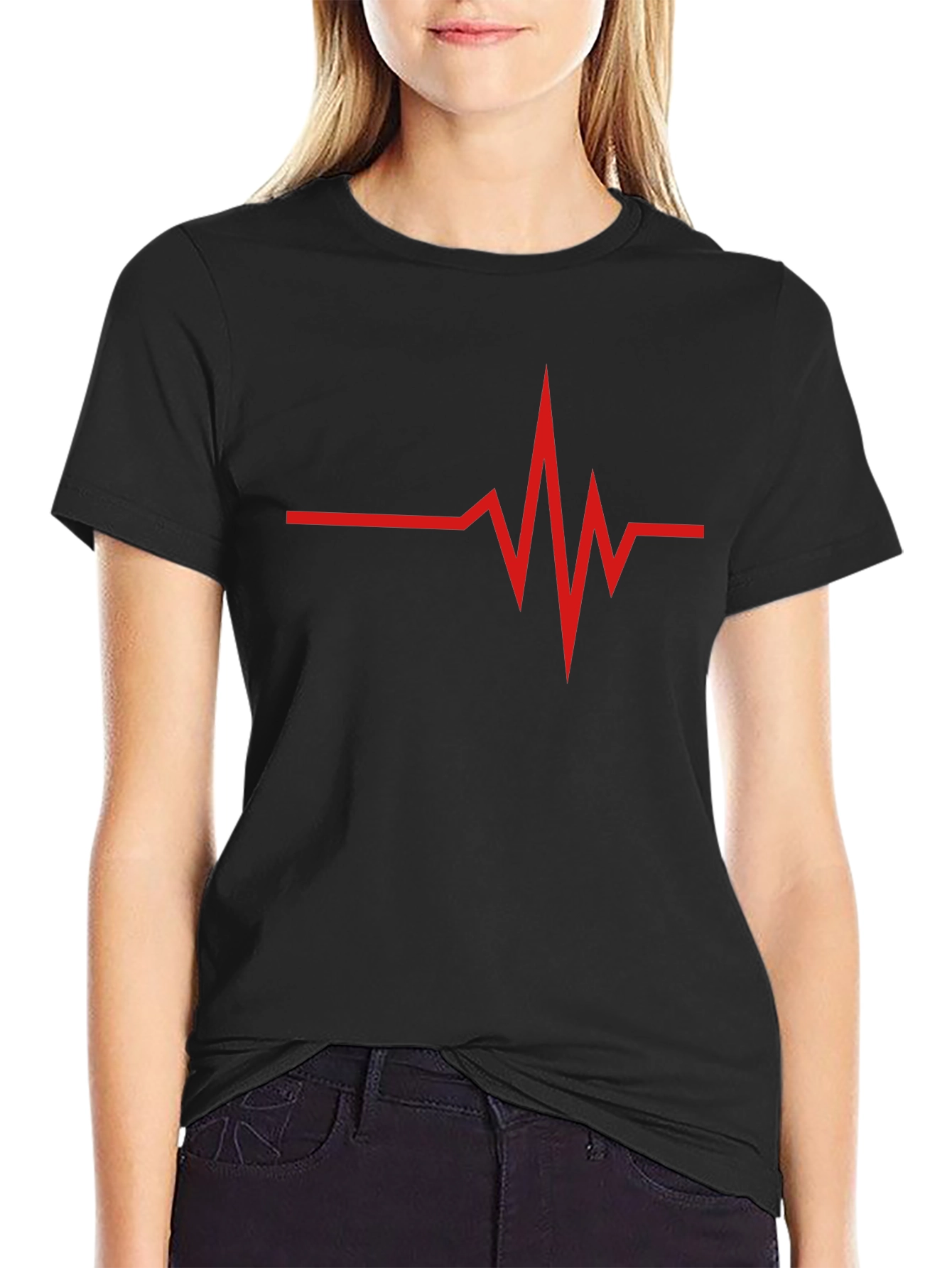 Red Heartbeat Graphic Black T-Shirt