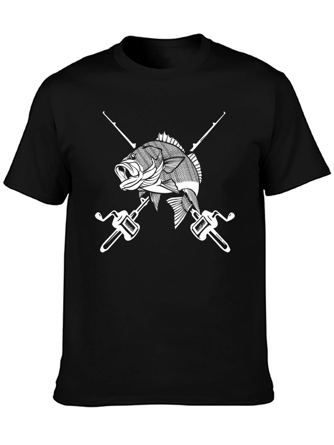 Fishing T-Shirt Black with Fish and Rods Design