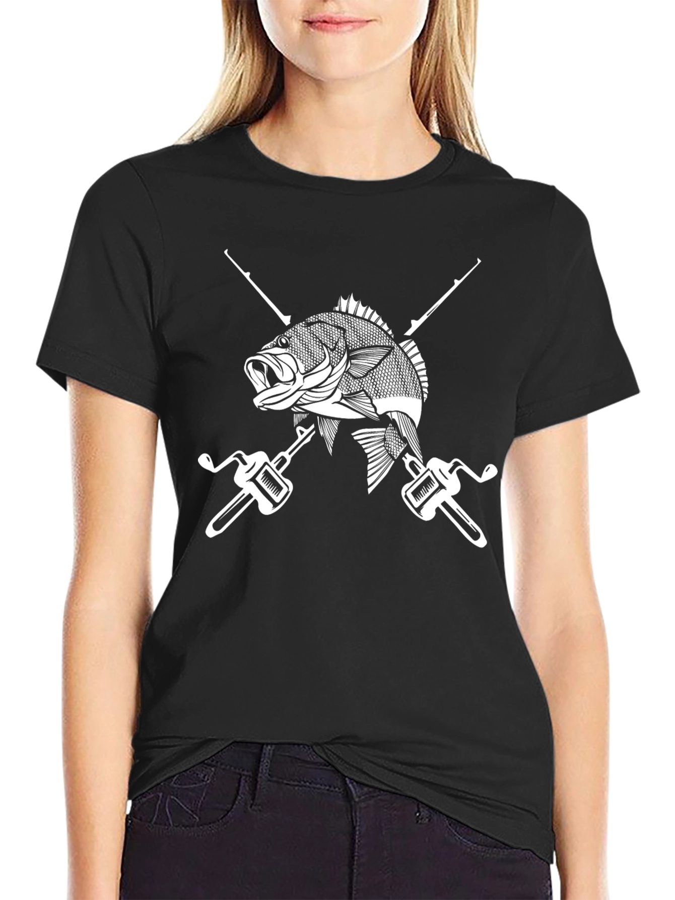 Fishing T-Shirt Black with Fish and Rods Design