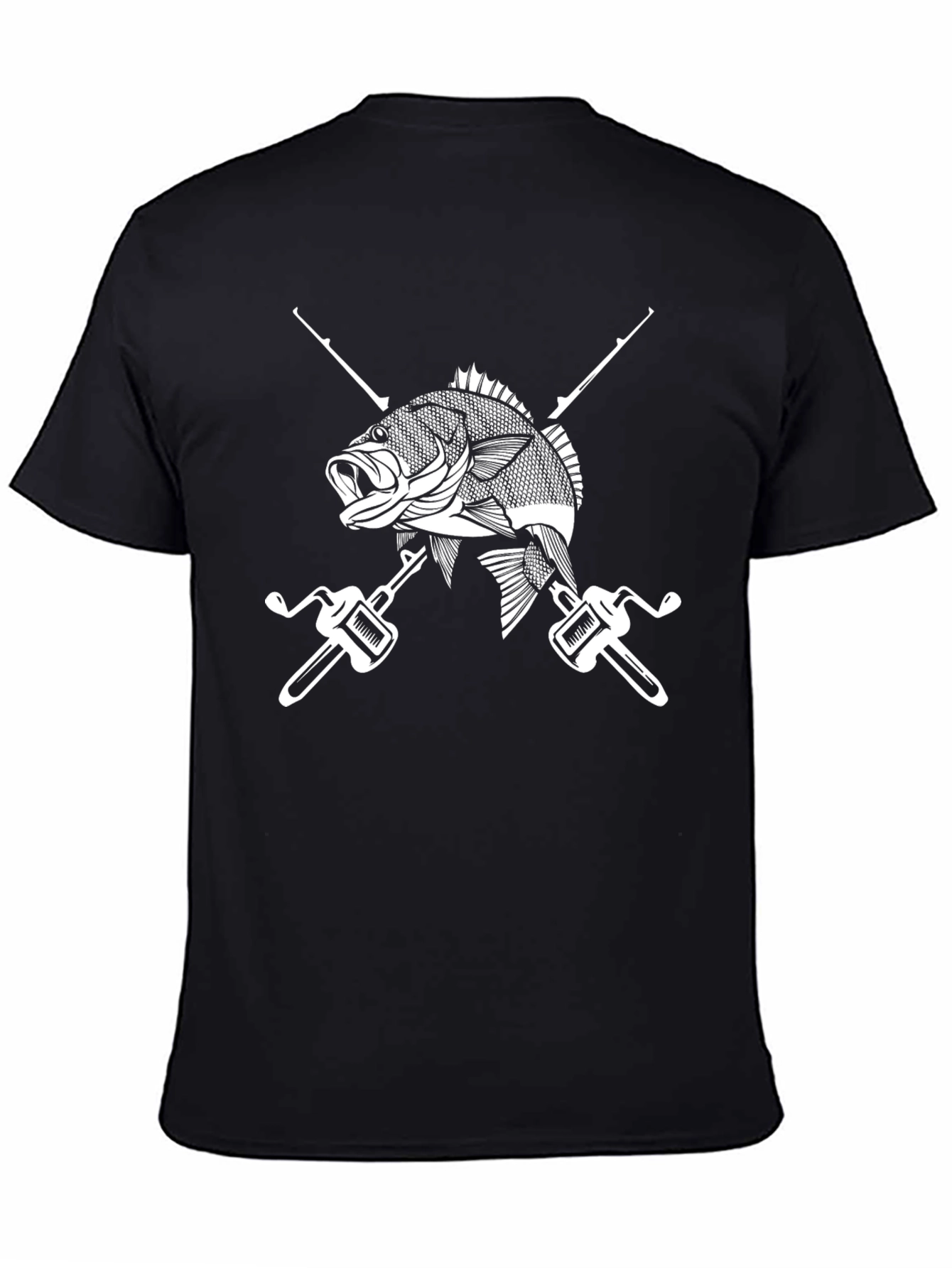 Fishing T-Shirt Black with Fish and Rods Design