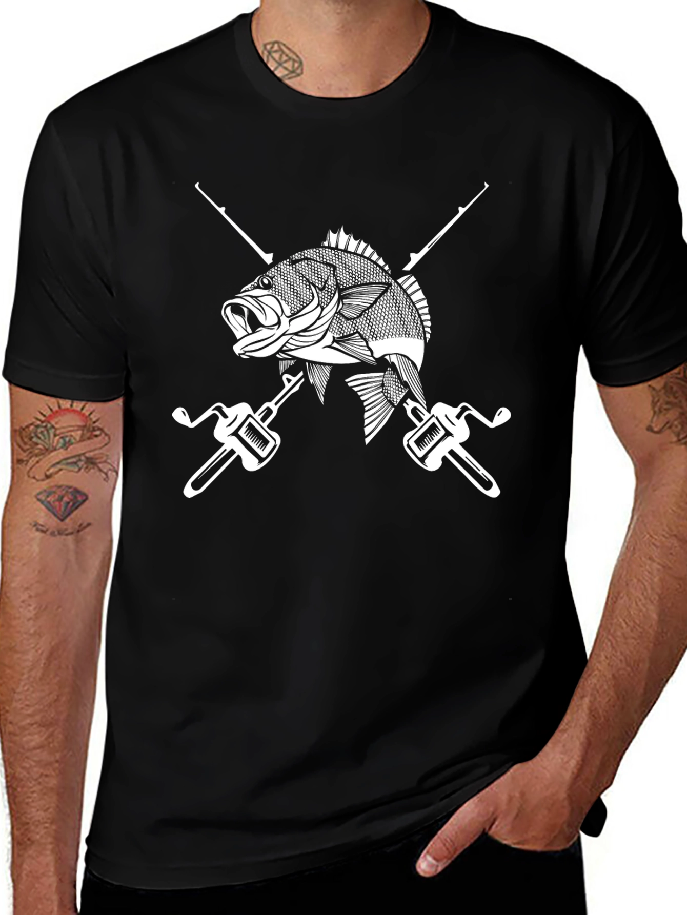 Fishing T-Shirt Black with Fish and Rods Design
