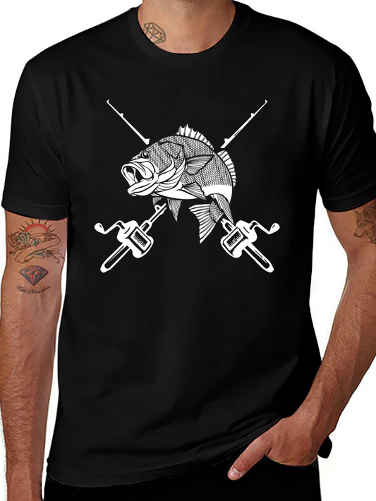 Fishing T-Shirt Black with Fish and Rods Design