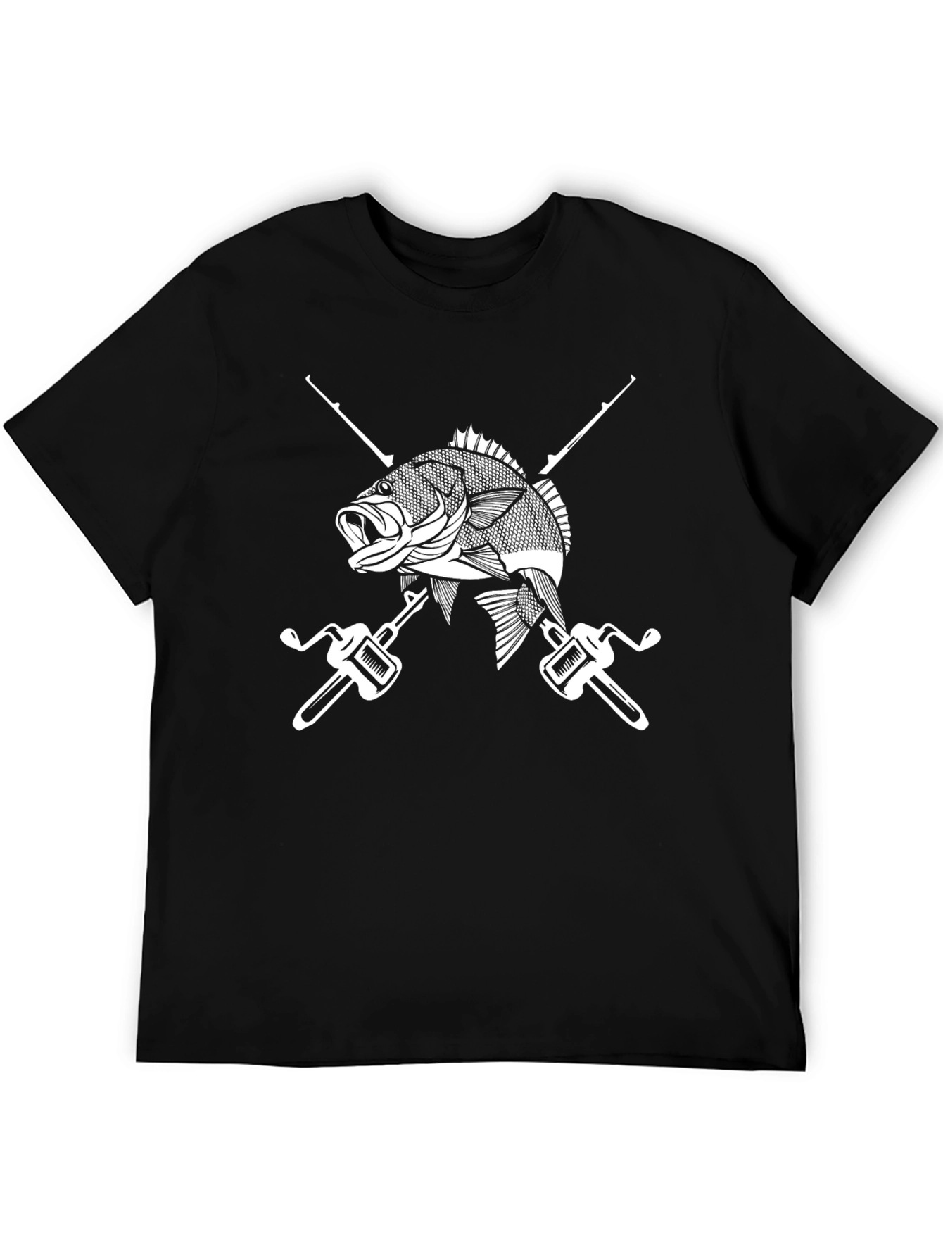 Fishing T-Shirt Black with Fish and Rods Design