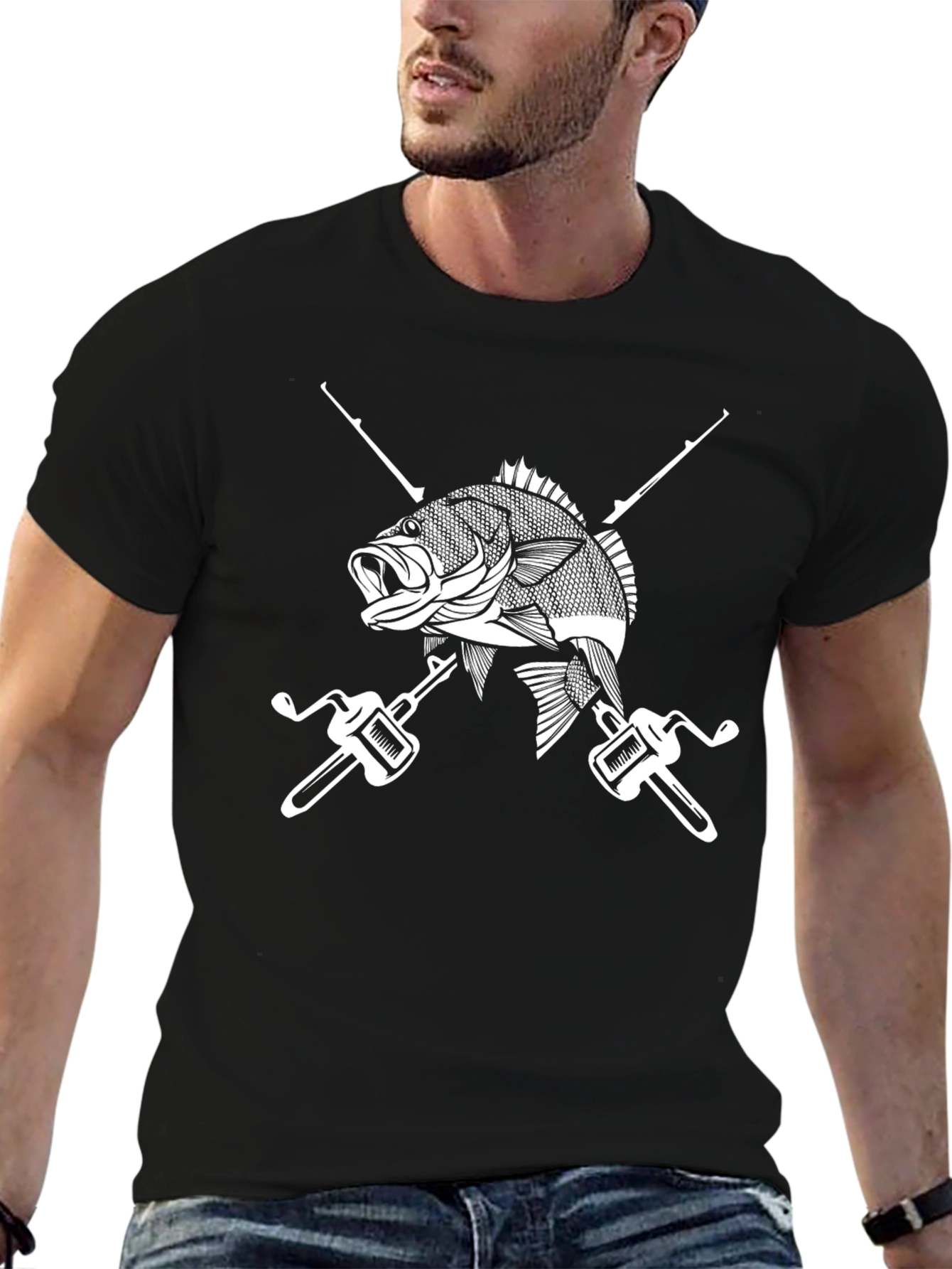Fishing T-Shirt Black with Fish and Rods Design