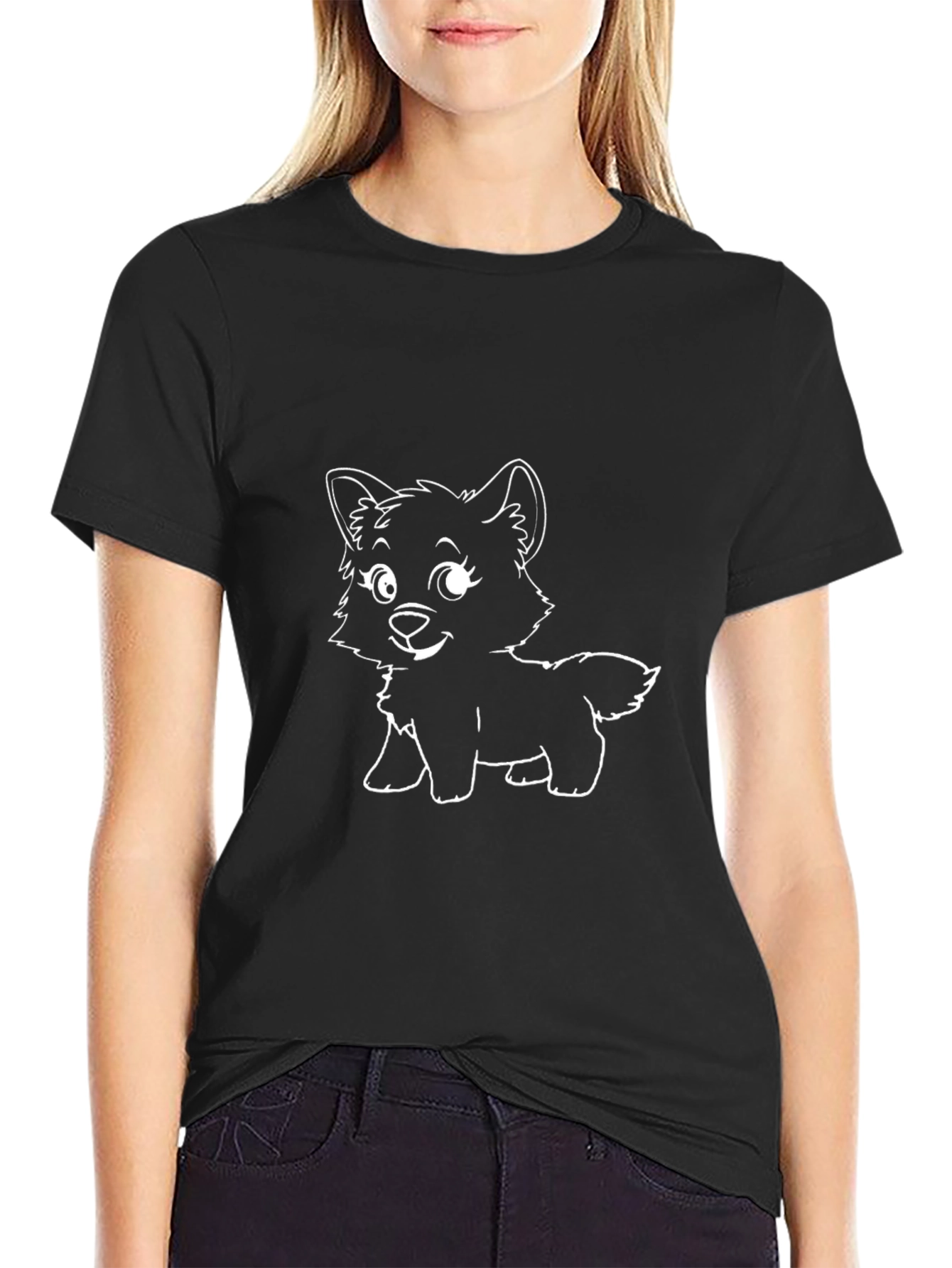 Cute Cartoon Puppy Graphic Tee - Black