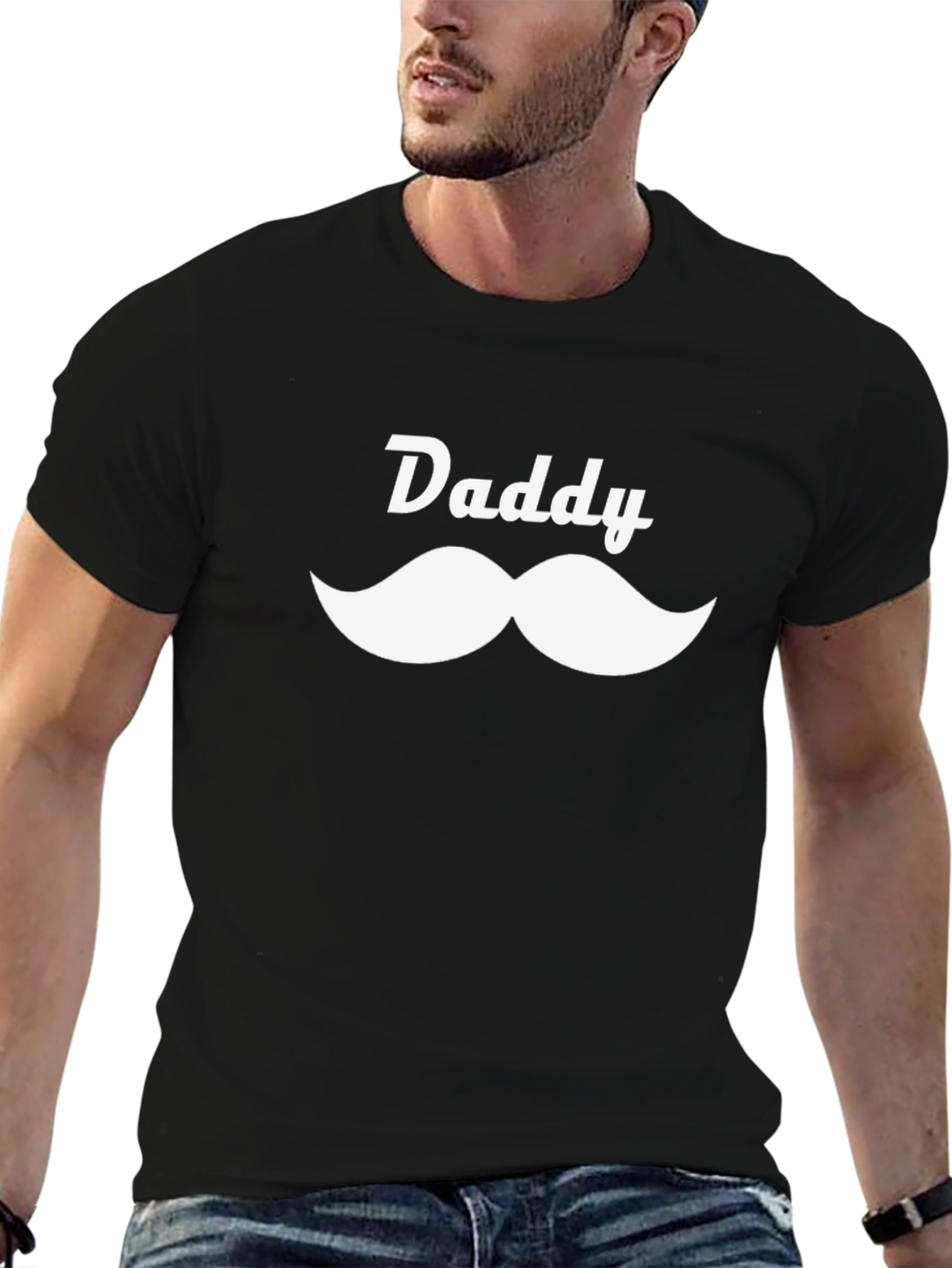 Daddy Mustache Graphic Tee - Black Casual T-Shirt