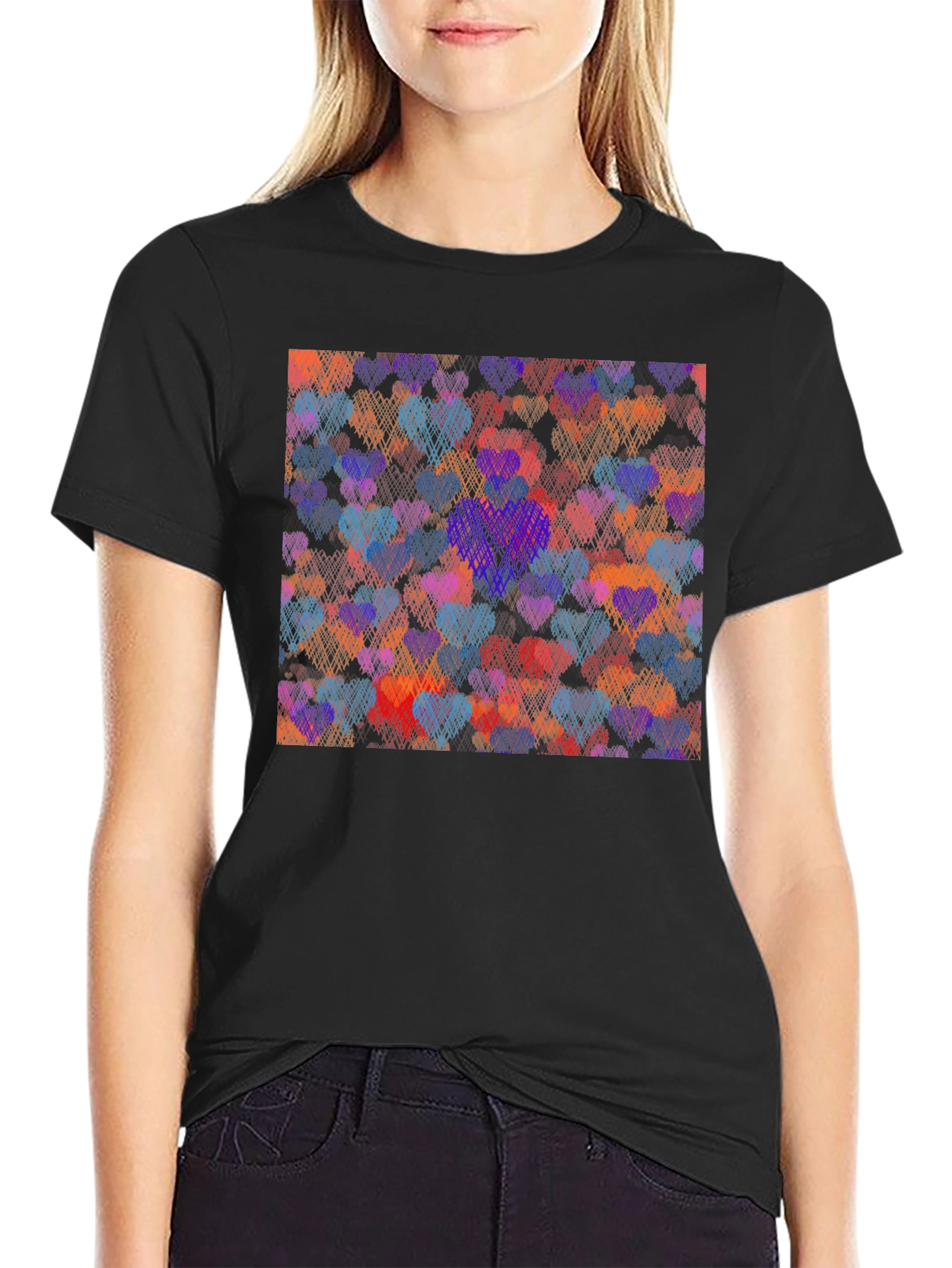 Heart Pattern Graphic Tee - Black
