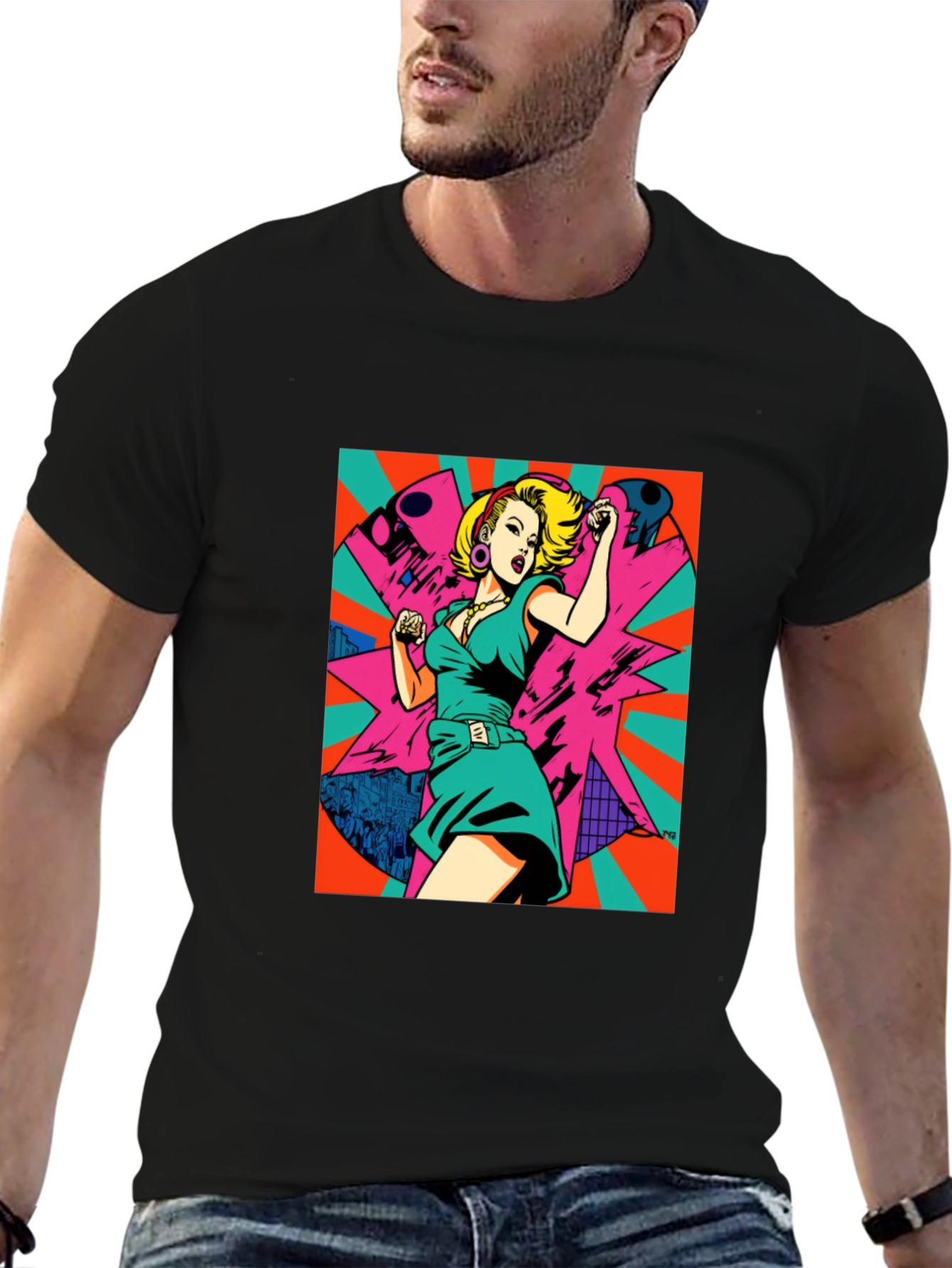 Retro Pop Art Woman Graphic Tee - Black