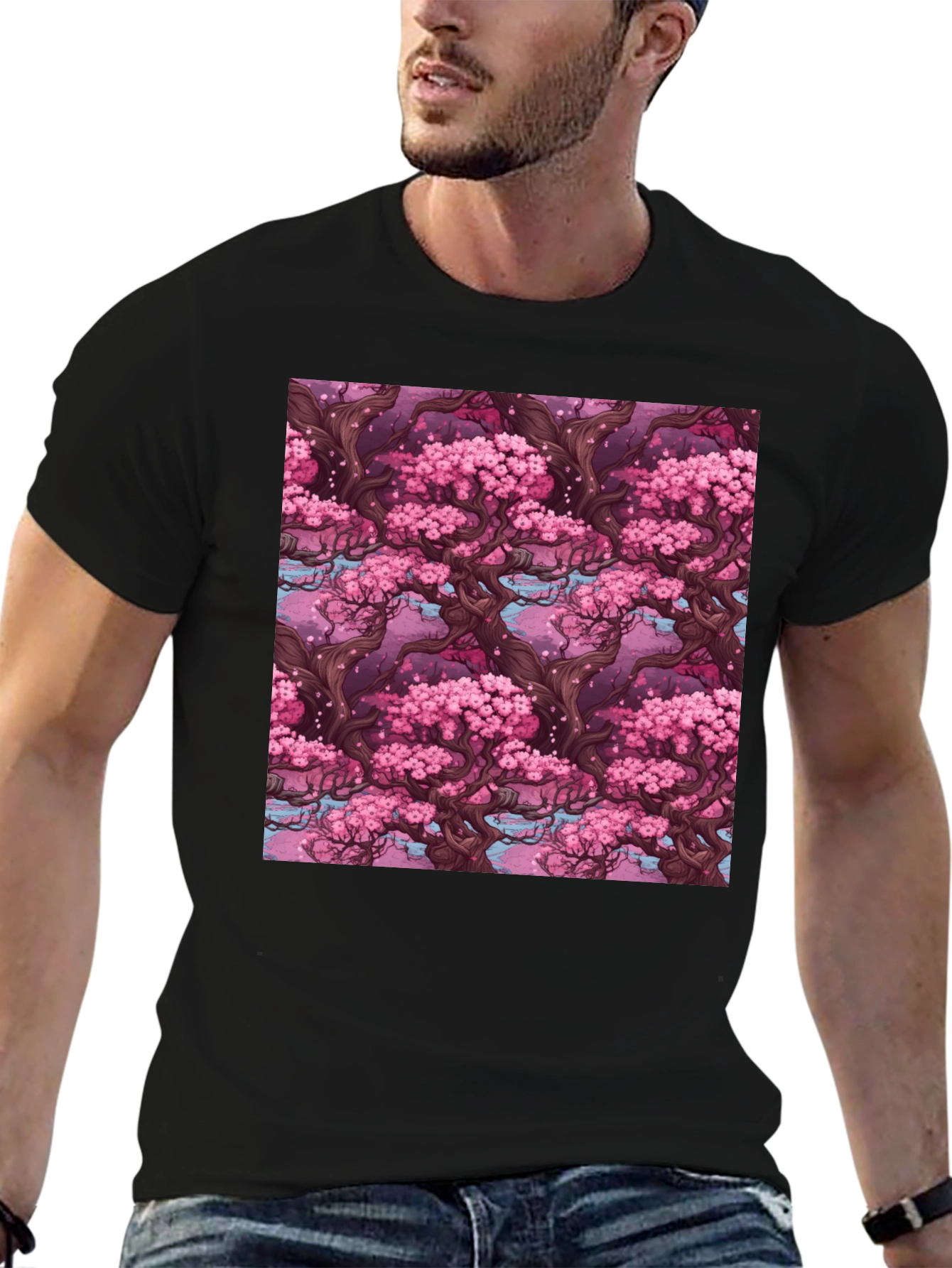 Sakura Tree Pattern Black T-Shirt