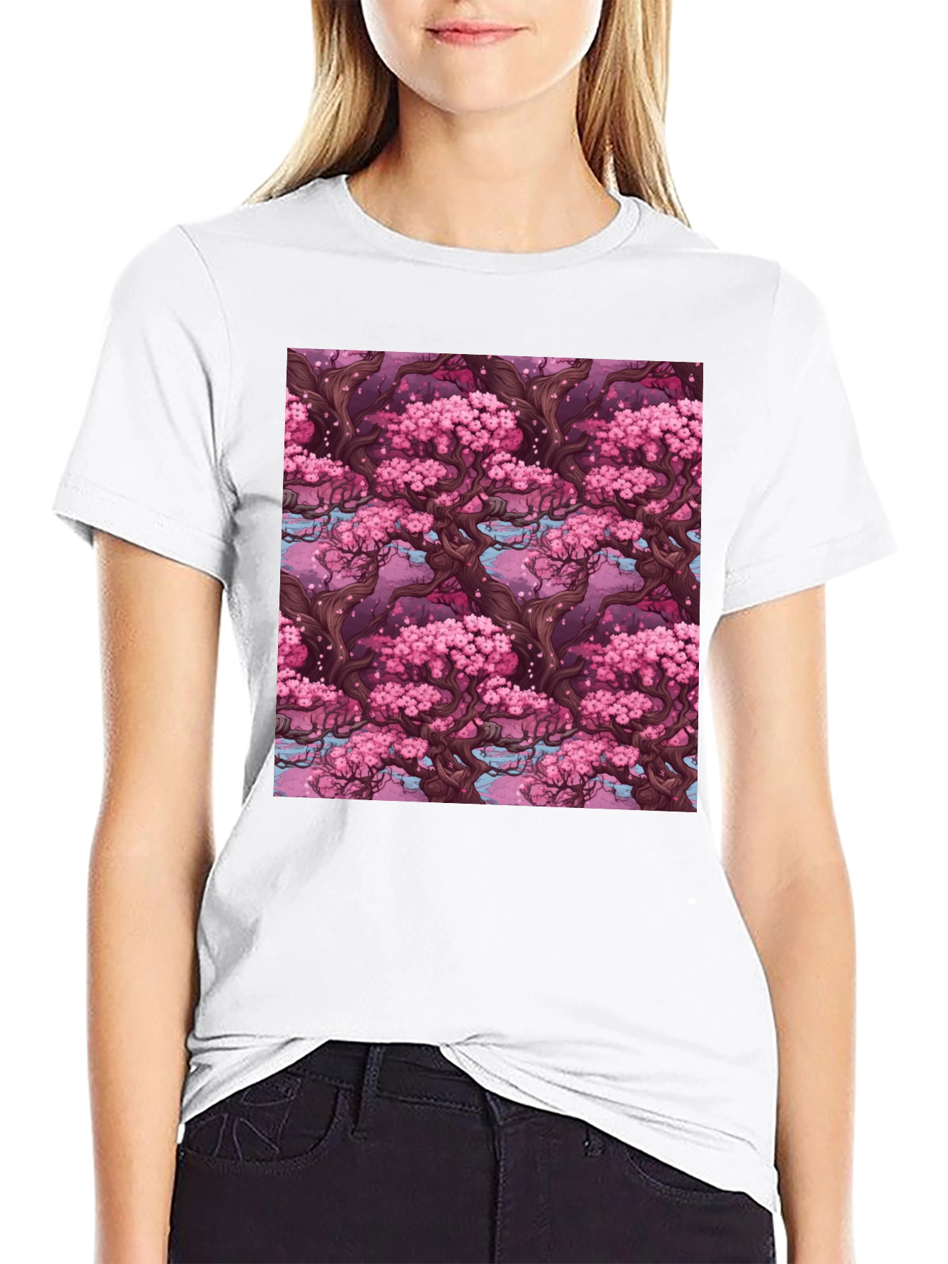 Sakura Tree Pattern Black T-Shirt