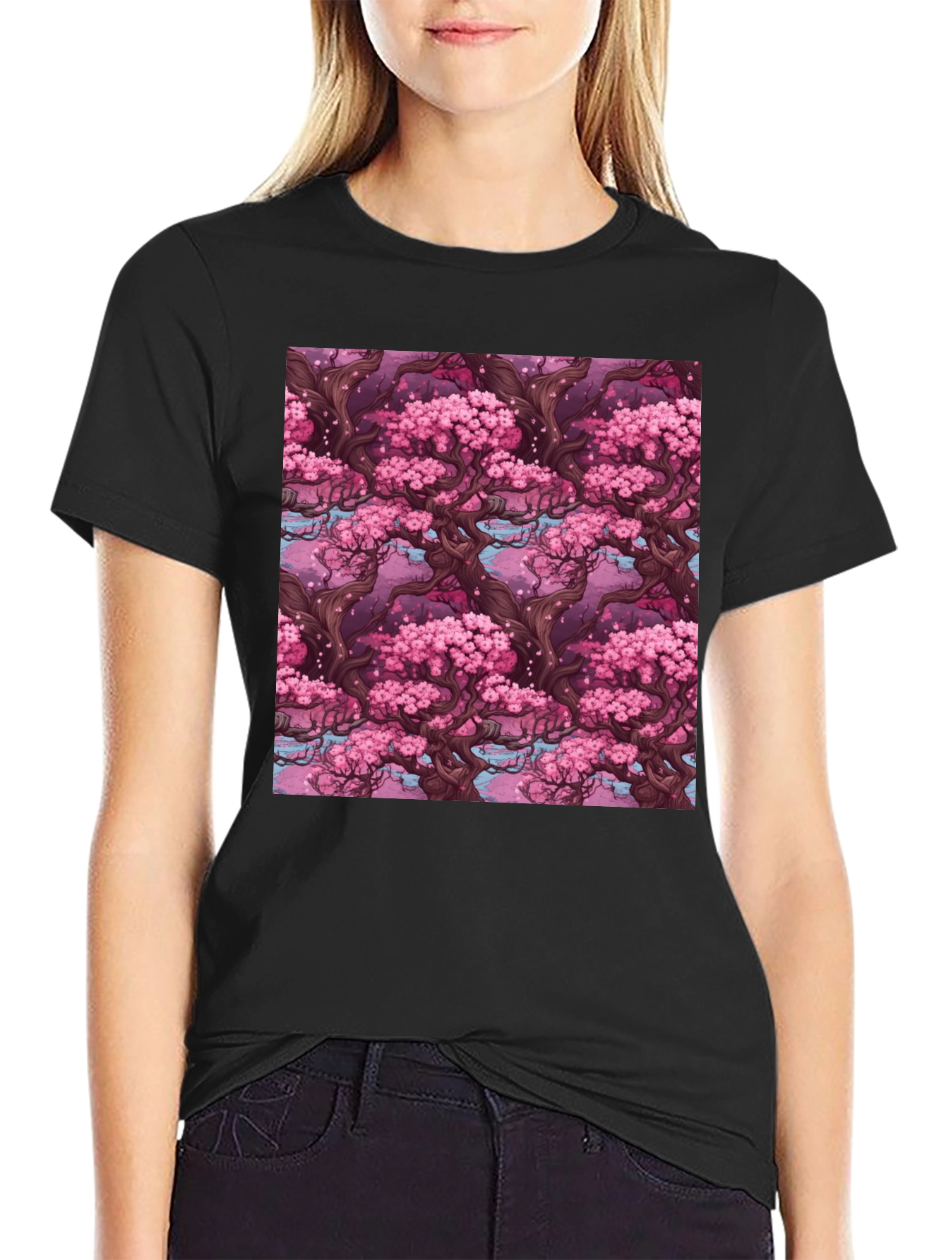 Sakura Tree Pattern Black T-Shirt