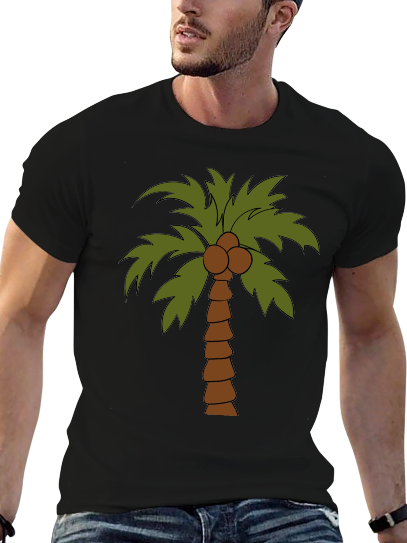 Tropical Palm Tree Graphic Tee - Black Cotton T-Shirt