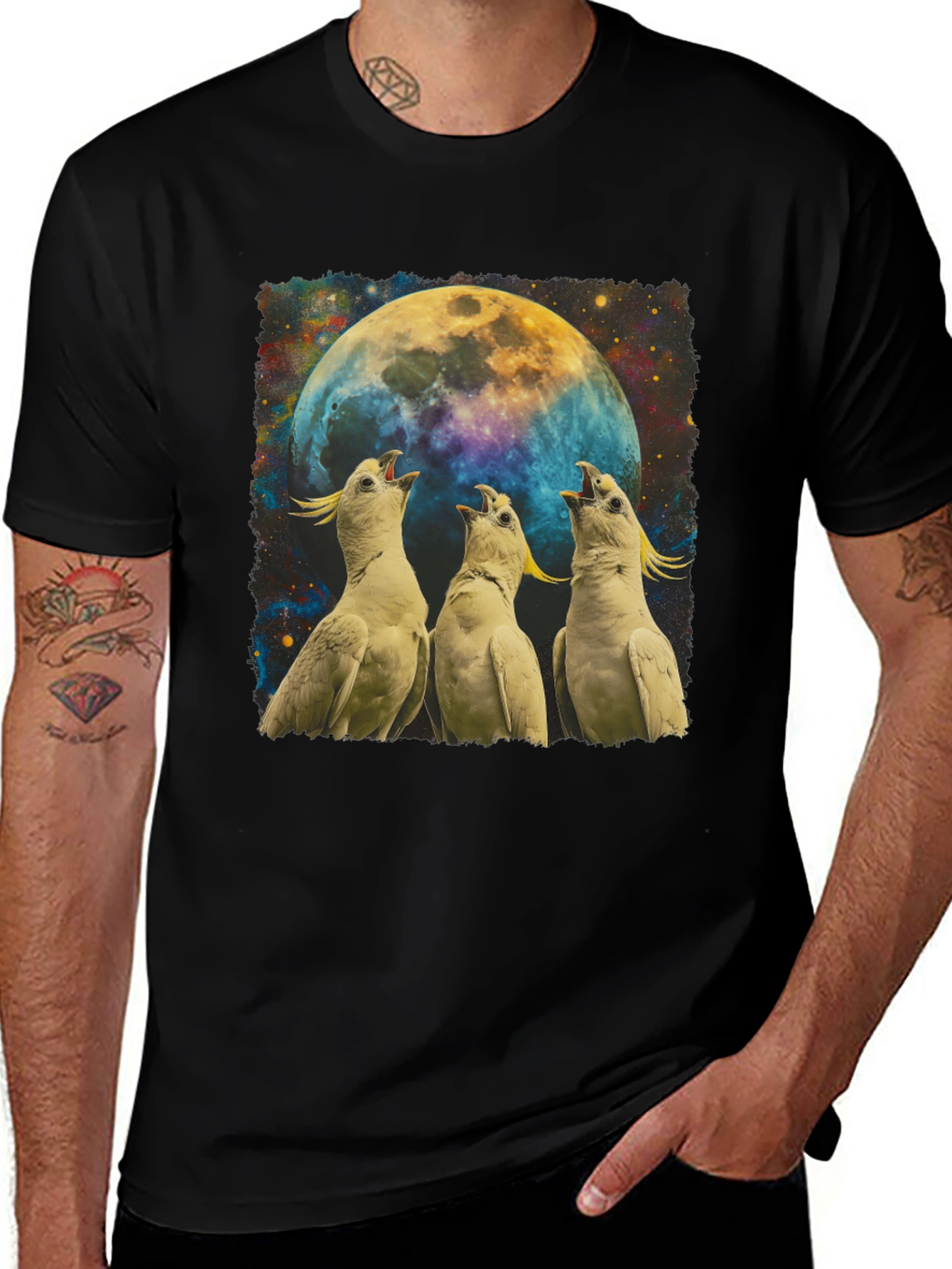 Cockatoos Howling at Moon Mens Black T-Shirt