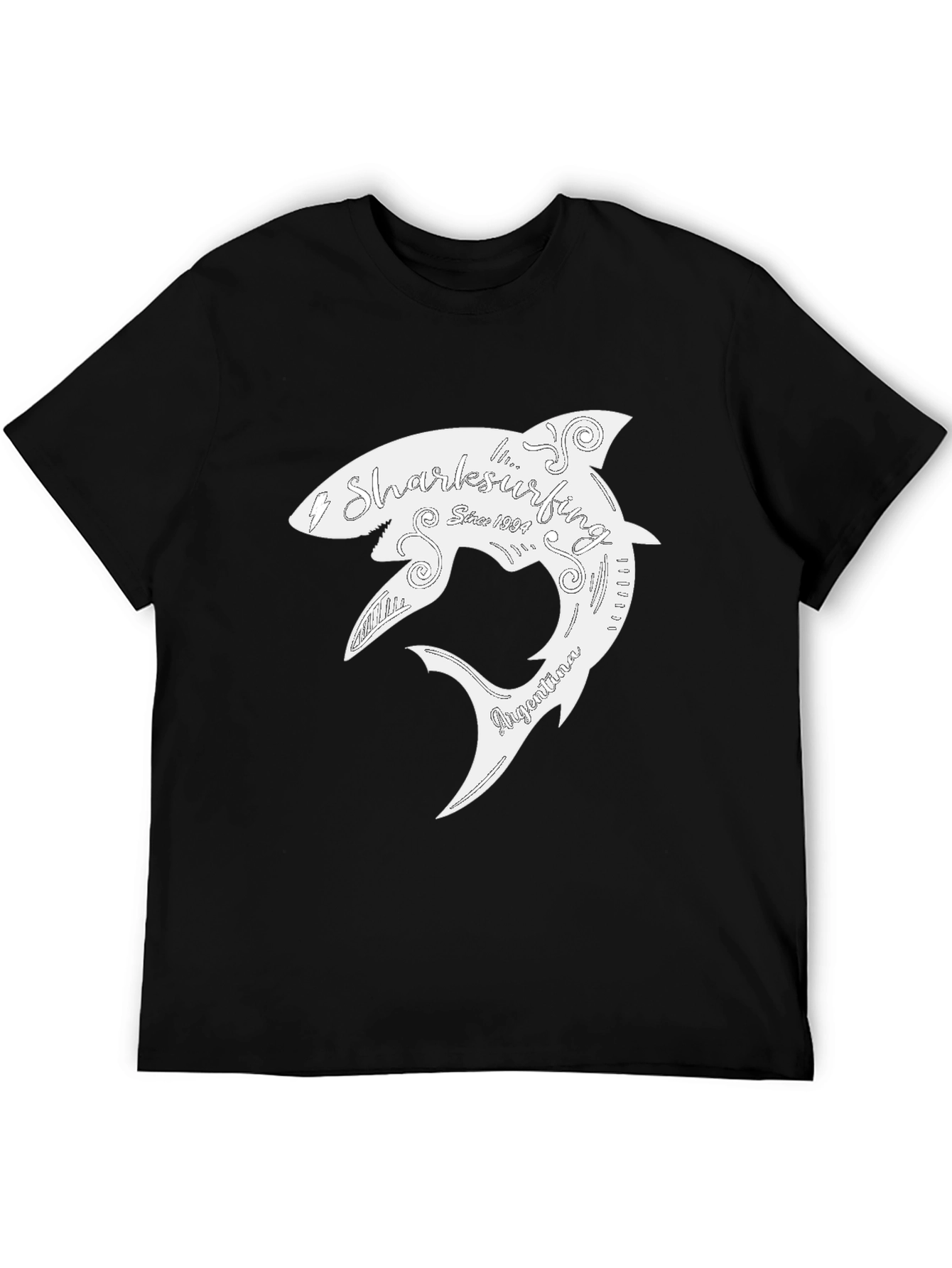 Shark Surfing T-Shirt - Black Cotton Graphic Tee