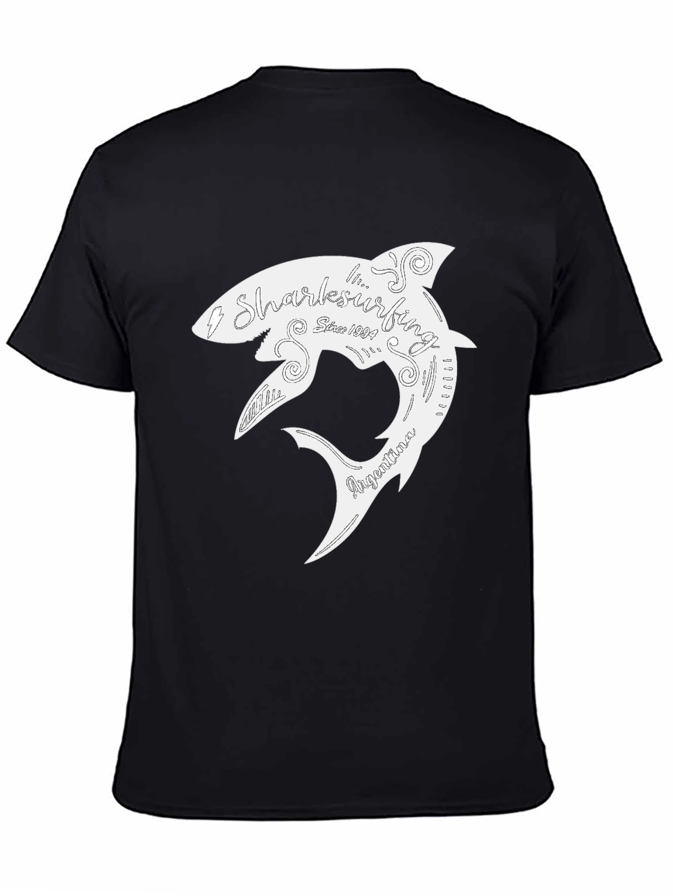 Shark Surfing T-Shirt - Black Cotton Graphic Tee