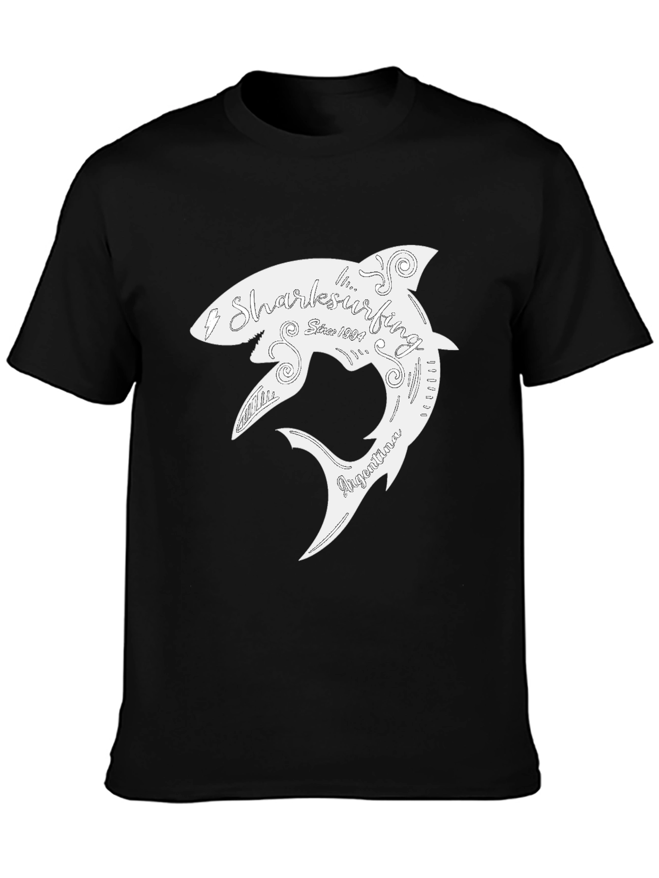 Shark Surfing T-Shirt - Black Cotton Graphic Tee