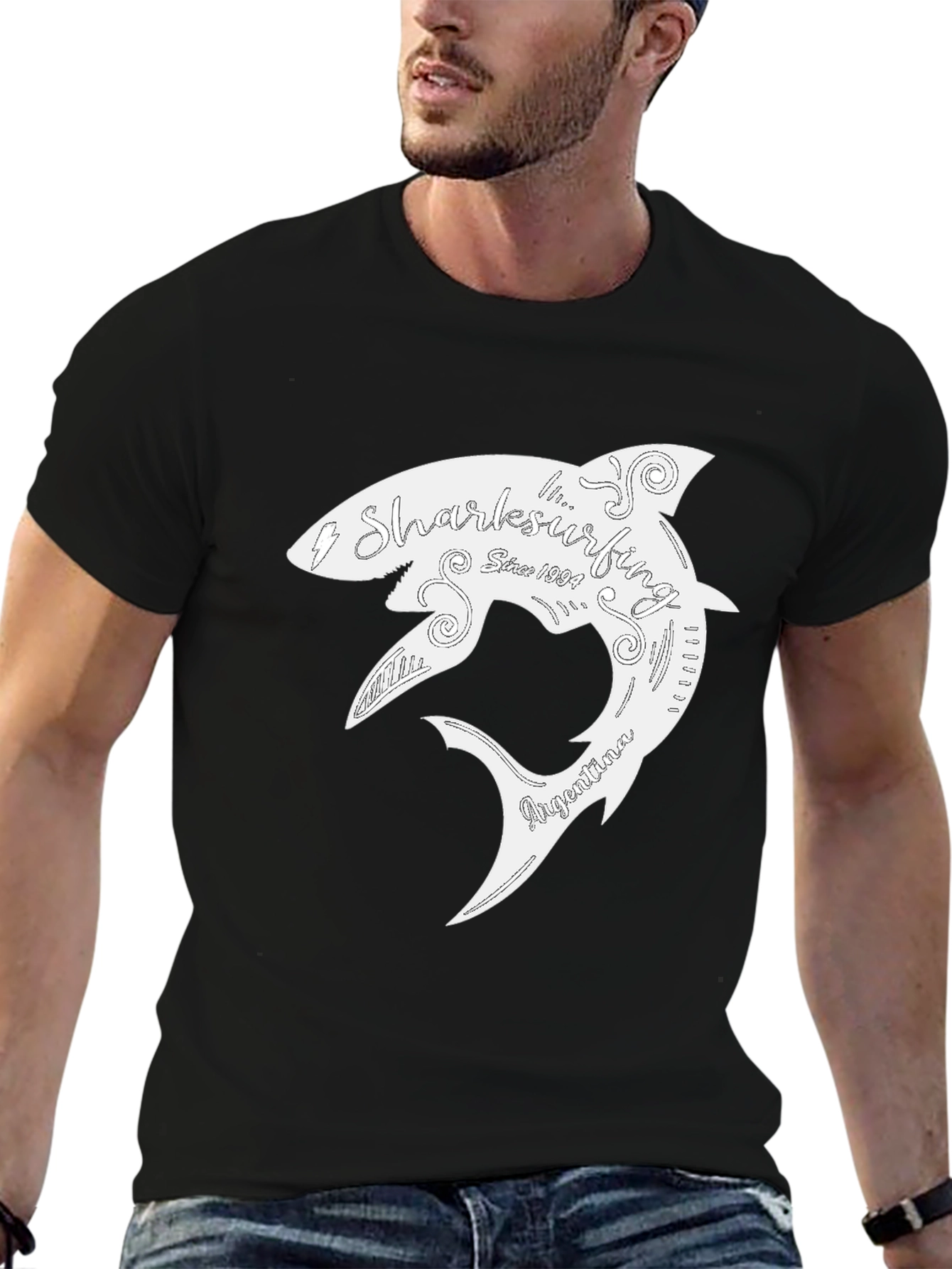 Shark Surfing T-Shirt - Black Cotton Graphic Tee
