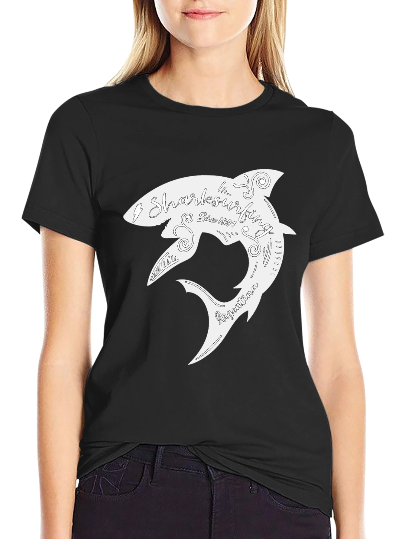 Shark Surfing T-Shirt - Black Cotton Graphic Tee