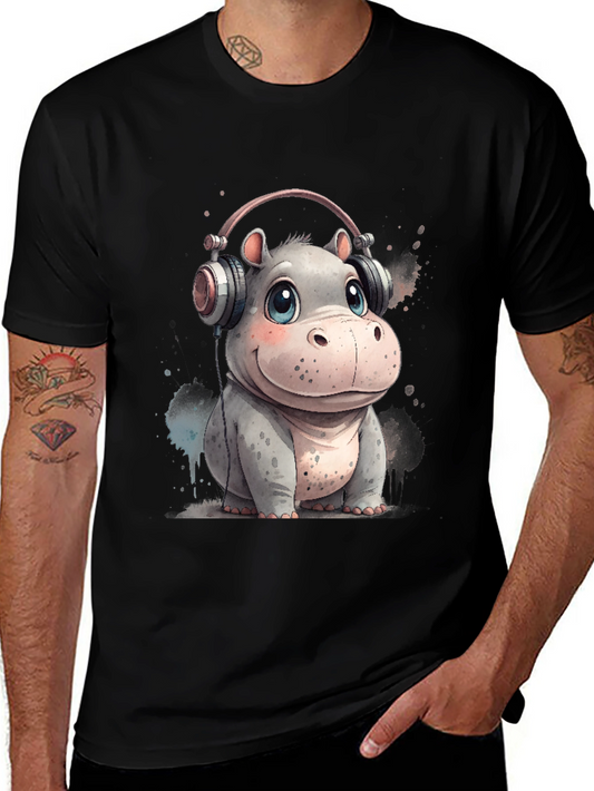 Hippo in Headphones Graphic Tee - Black Cotton T-Shirt
