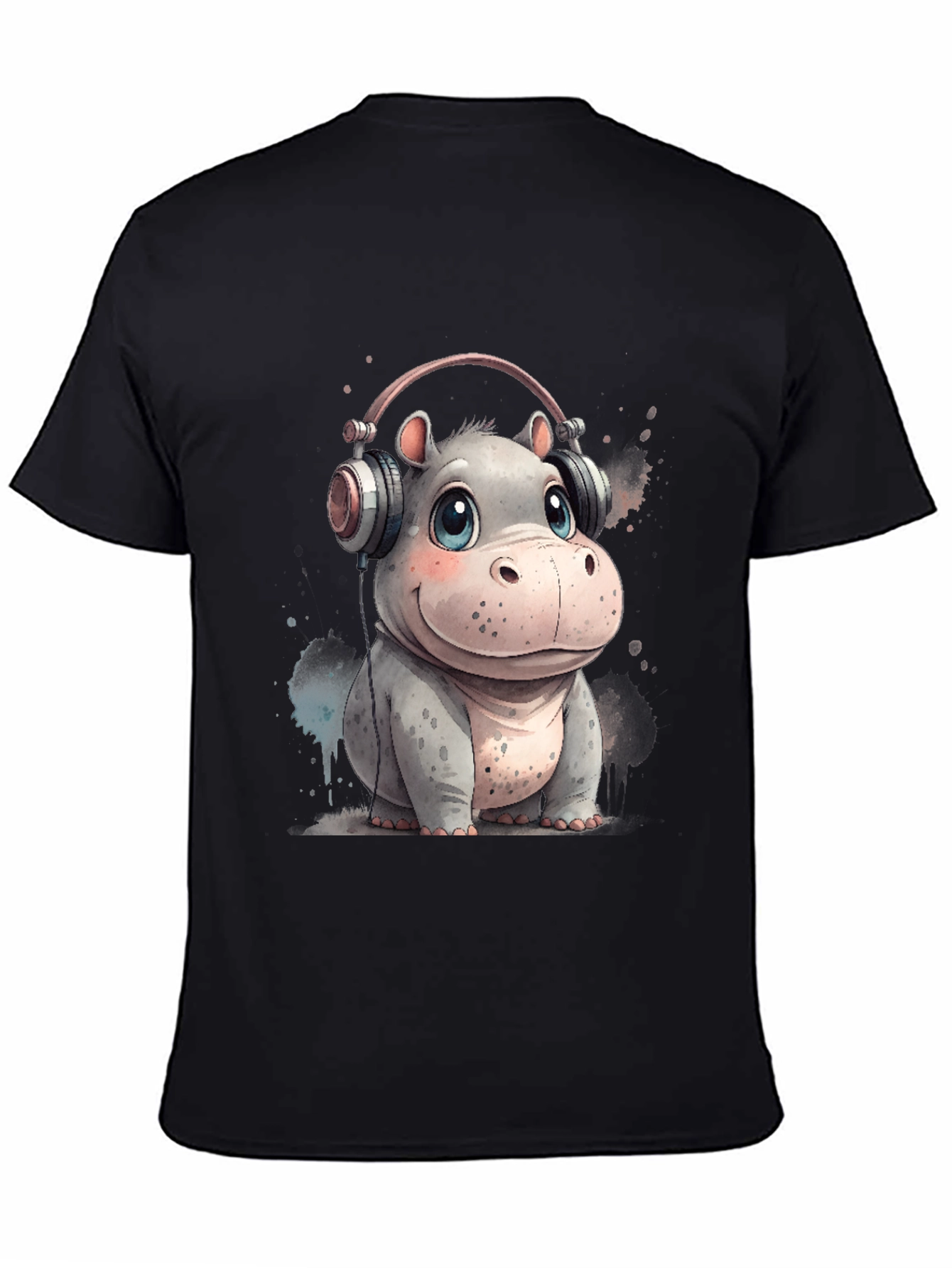 Hippo in Headphones Graphic Tee - Black Cotton T-Shirt