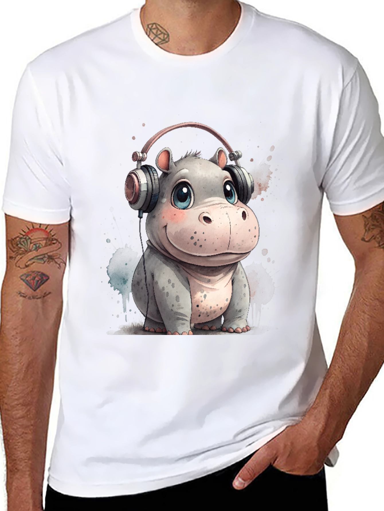 Hippo in Headphones Graphic Tee - Black Cotton T-Shirt