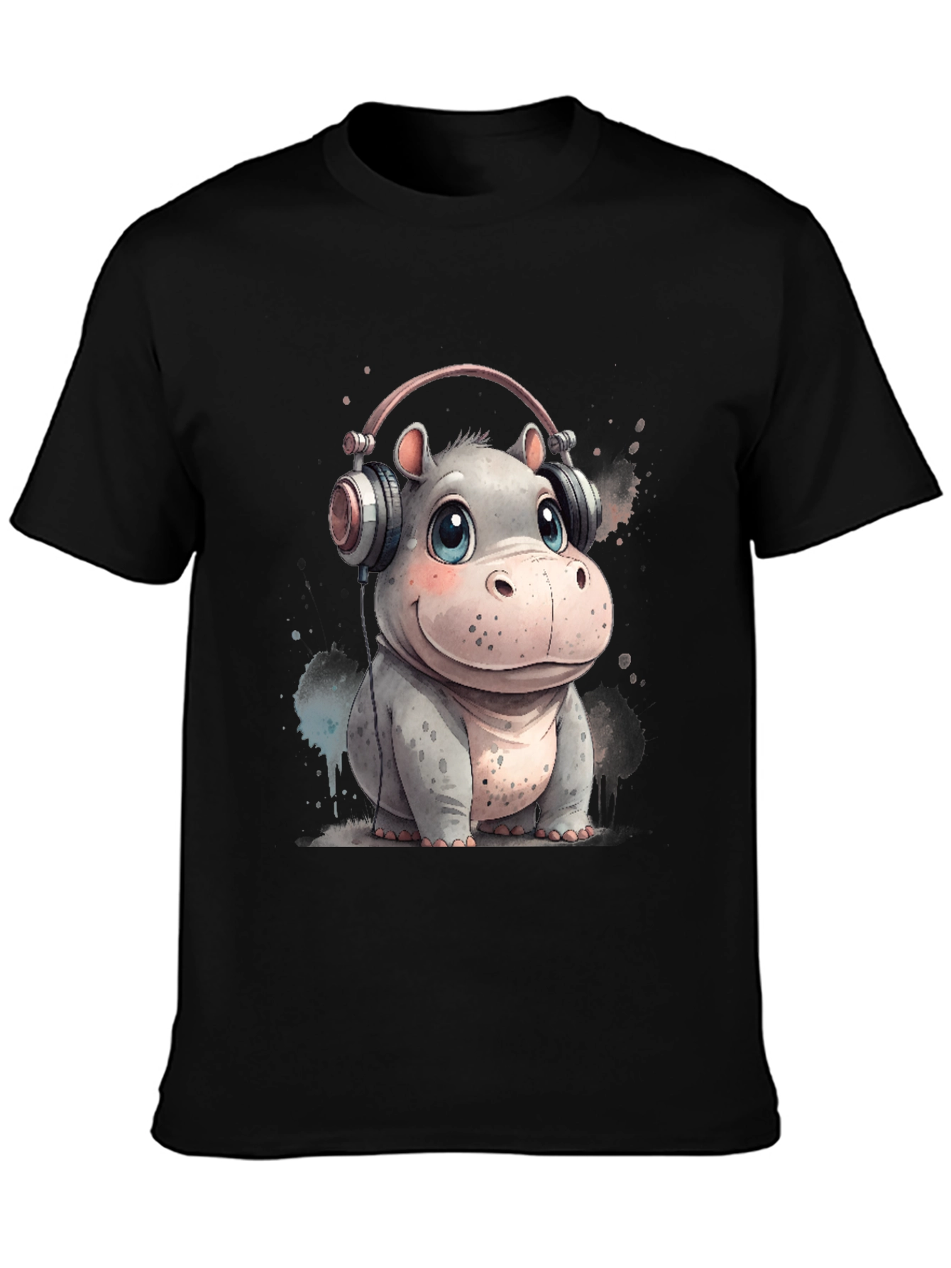 Hippo in Headphones Graphic Tee - Black Cotton T-Shirt