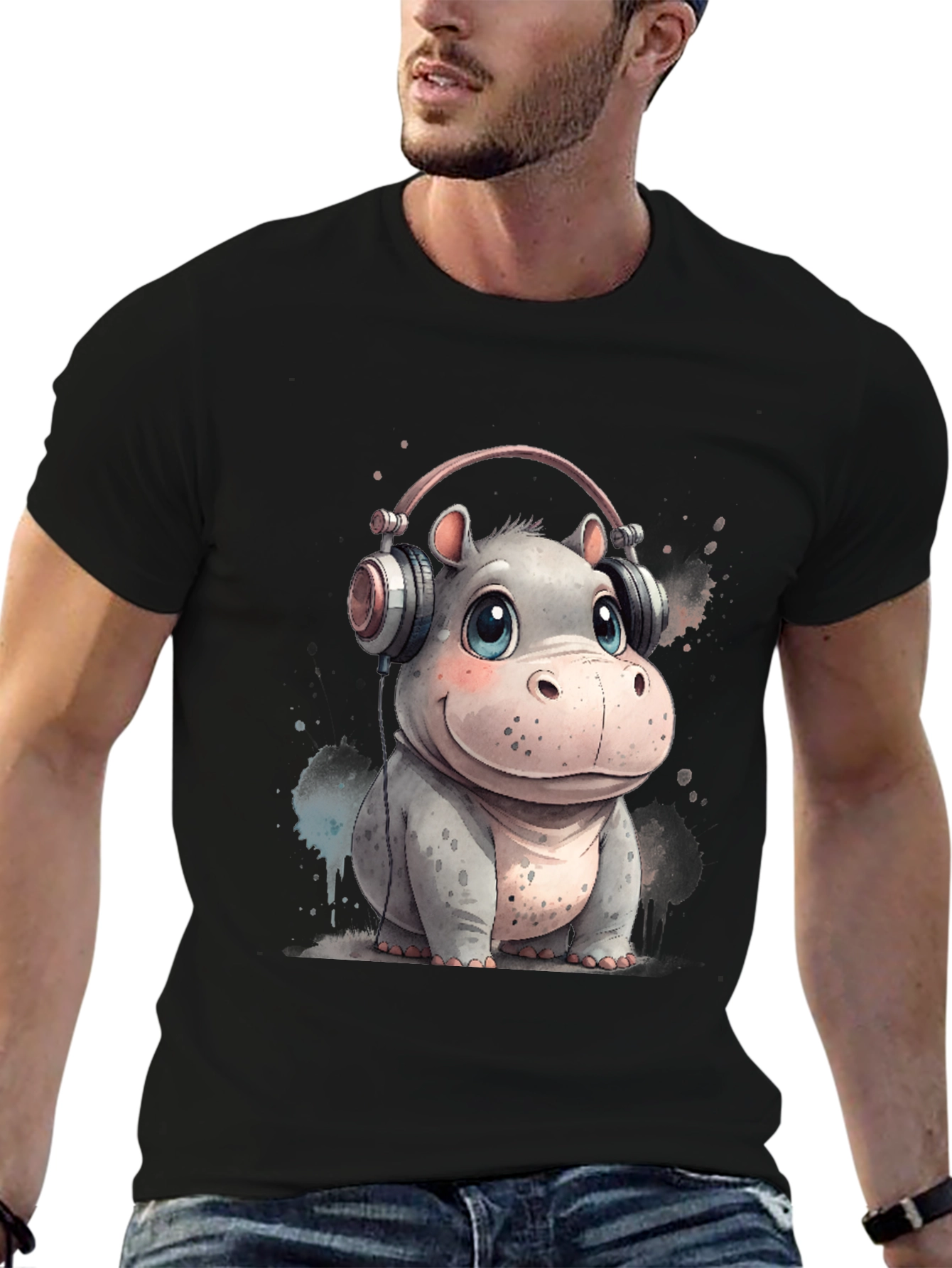 Hippo in Headphones Graphic Tee - Black Cotton T-Shirt