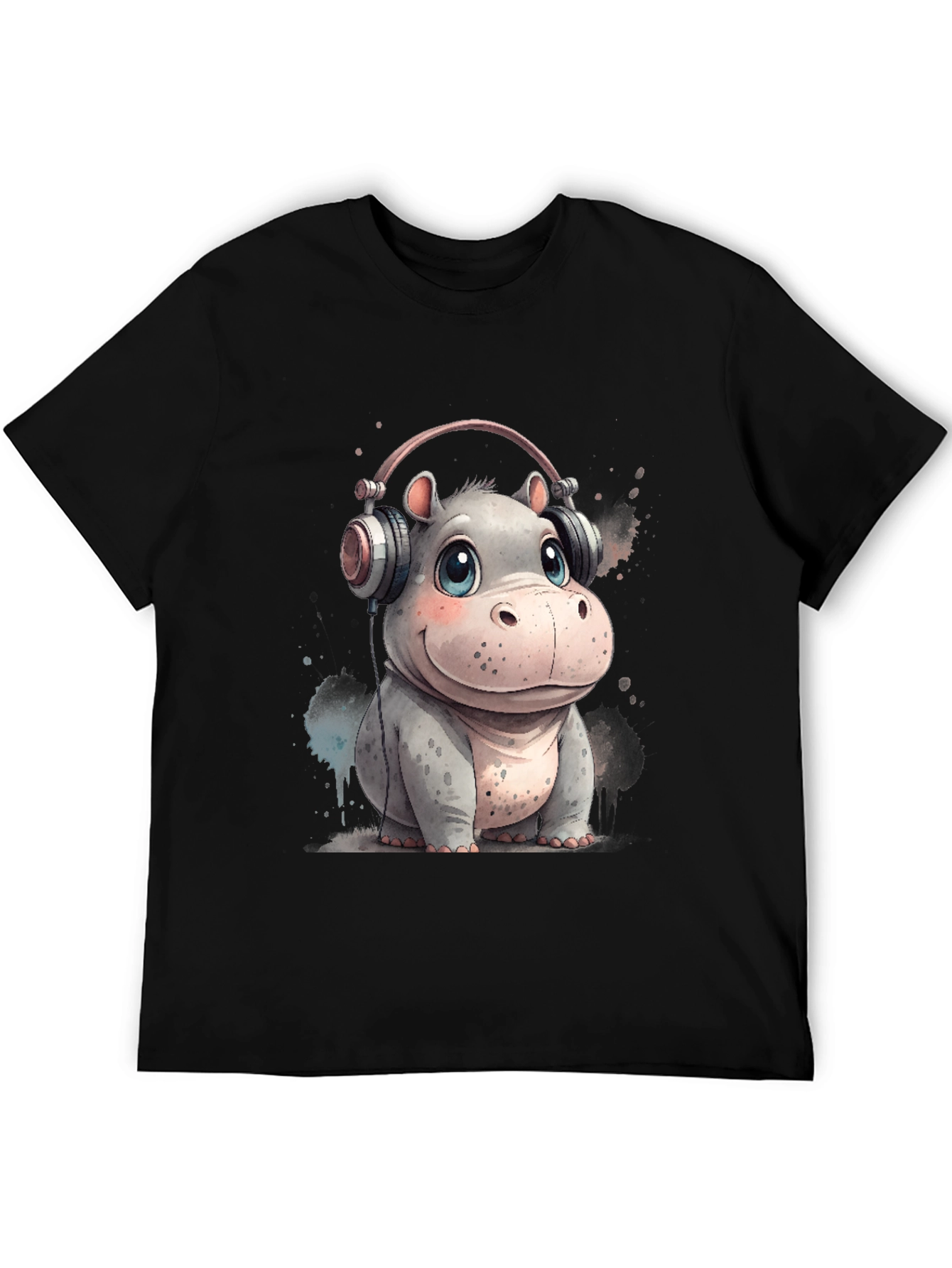 Hippo in Headphones Graphic Tee - Black Cotton T-Shirt