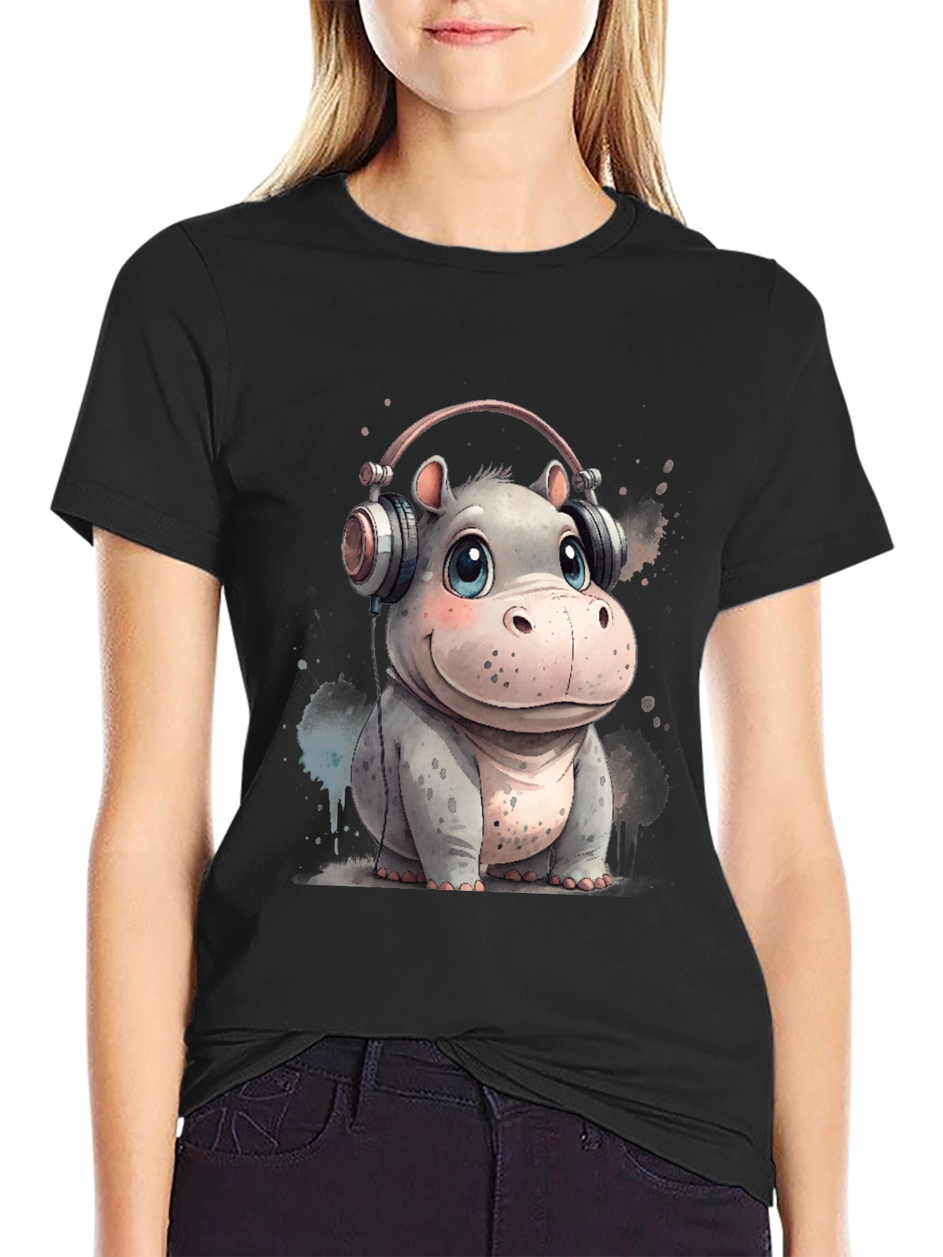 Hippo in Headphones Graphic Tee - Black Cotton T-Shirt