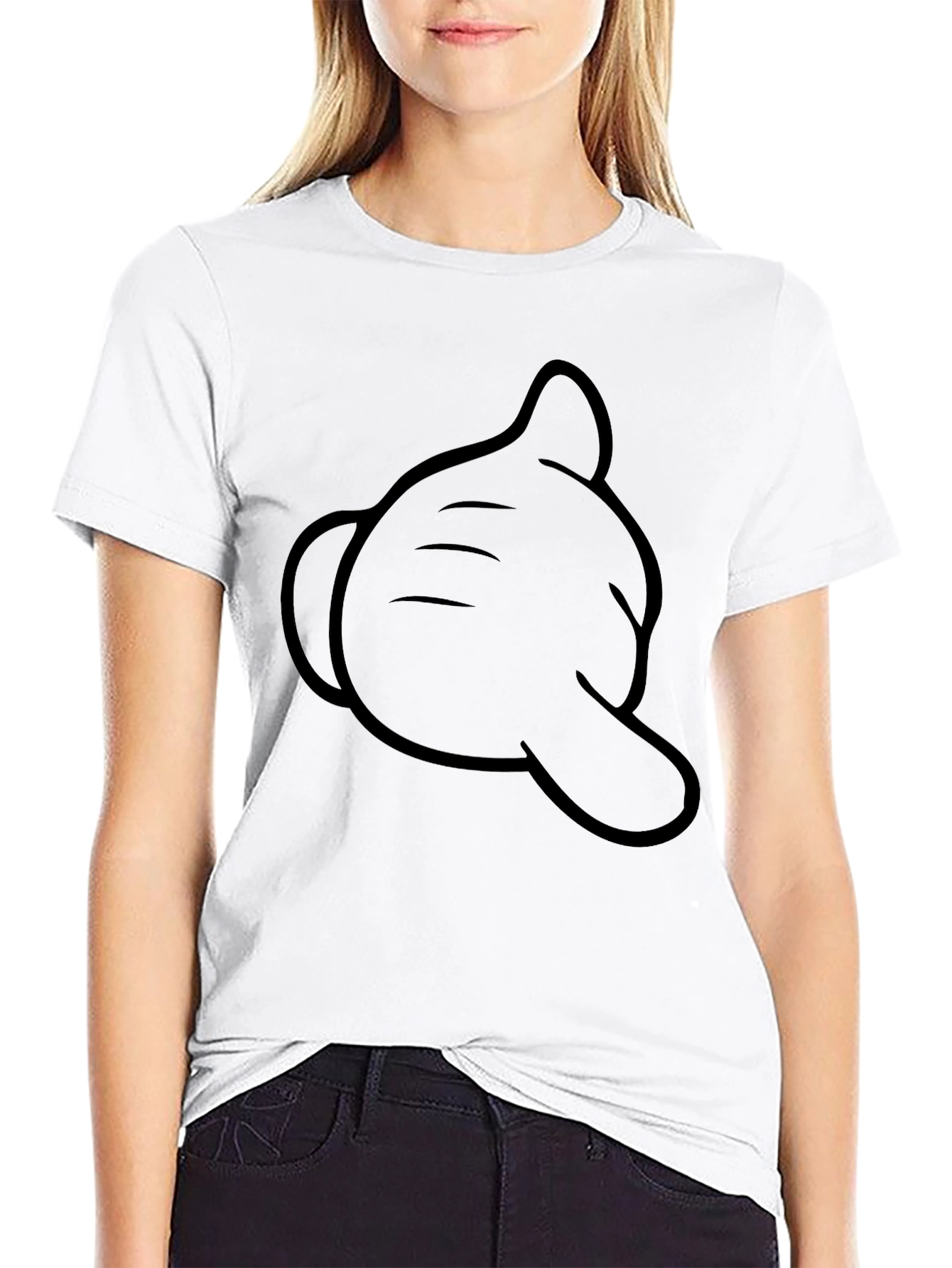 Cartoon Hand T-Shirt - Black Cotton Crew Neck Tee