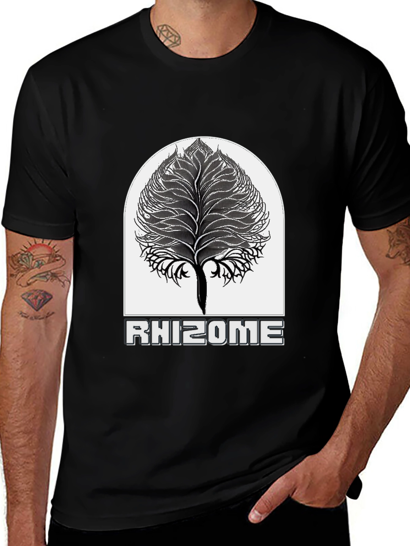 Rhizome Black T-Shirt - Unique Tree Design