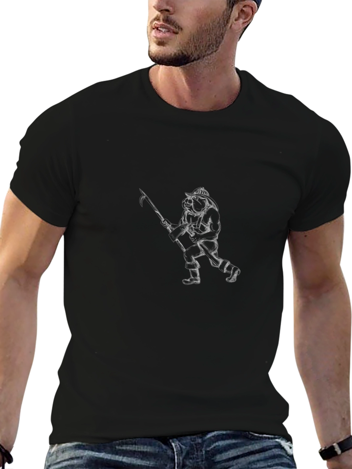Graphic Tee - Firefighter Design Black Cotton T-Shirt