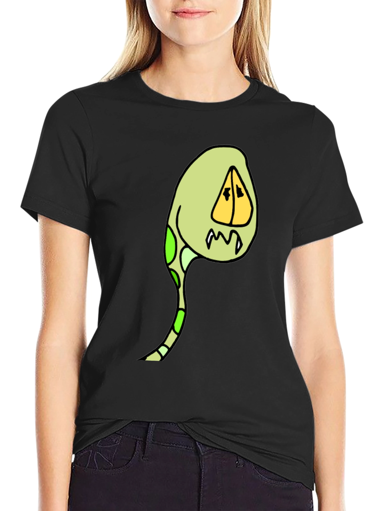 Cartoon Creature Graphic Tee - Black Cotton Blend