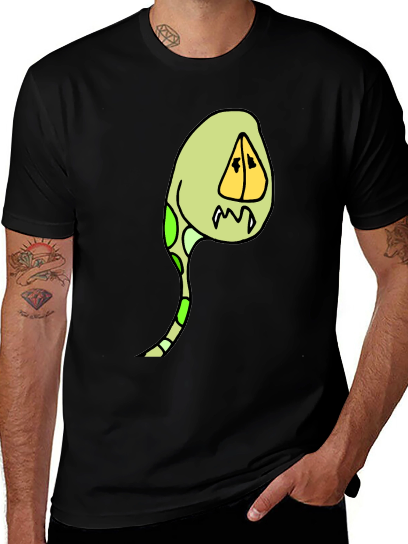 Cartoon Creature Graphic Tee - Black Cotton Blend