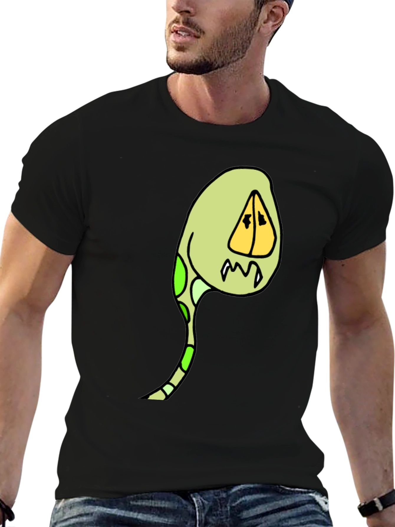 Cartoon Creature Graphic Tee - Black Cotton Blend