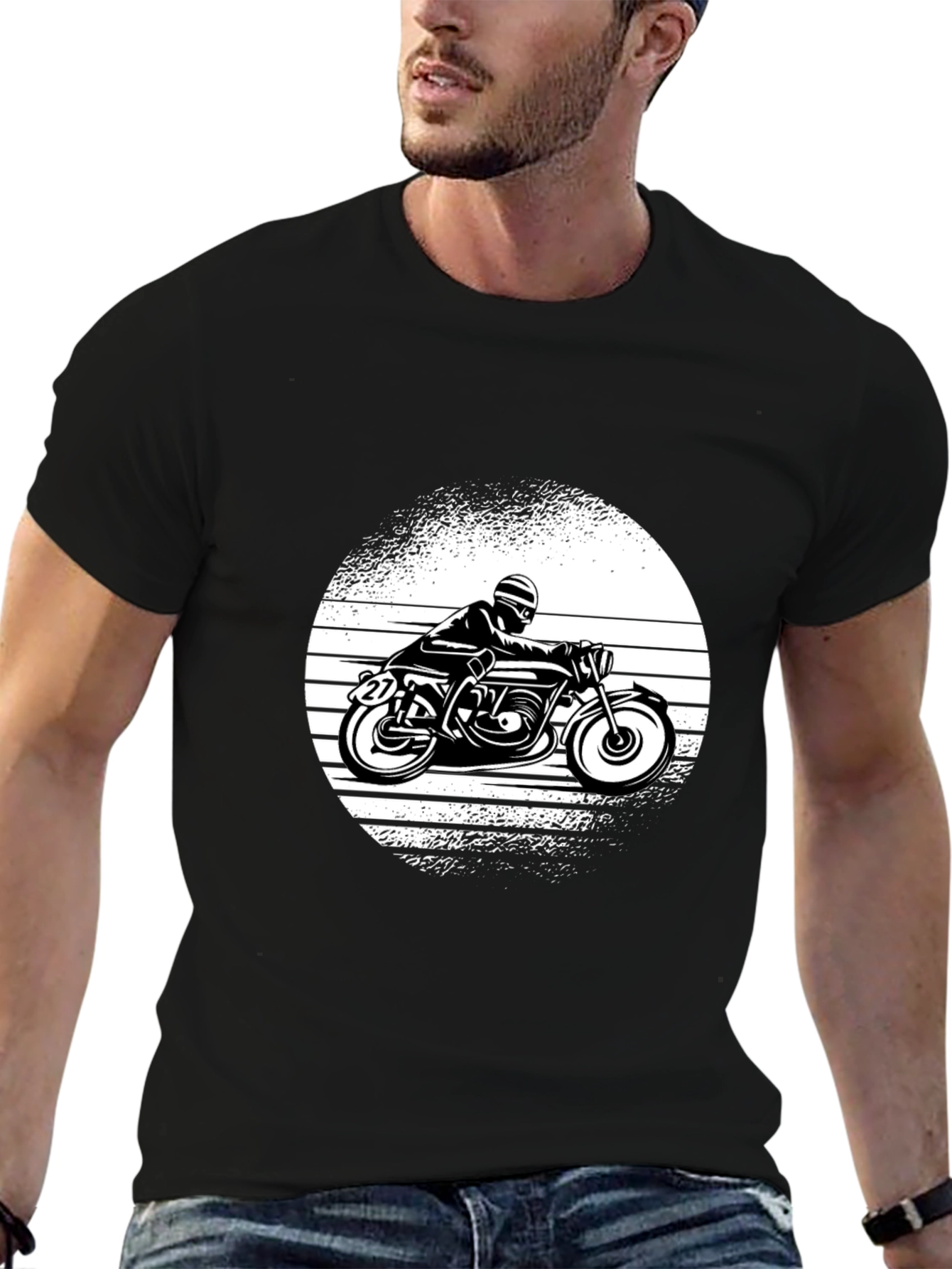 Retro Motorcycle Graphic Tee - Black Cotton
