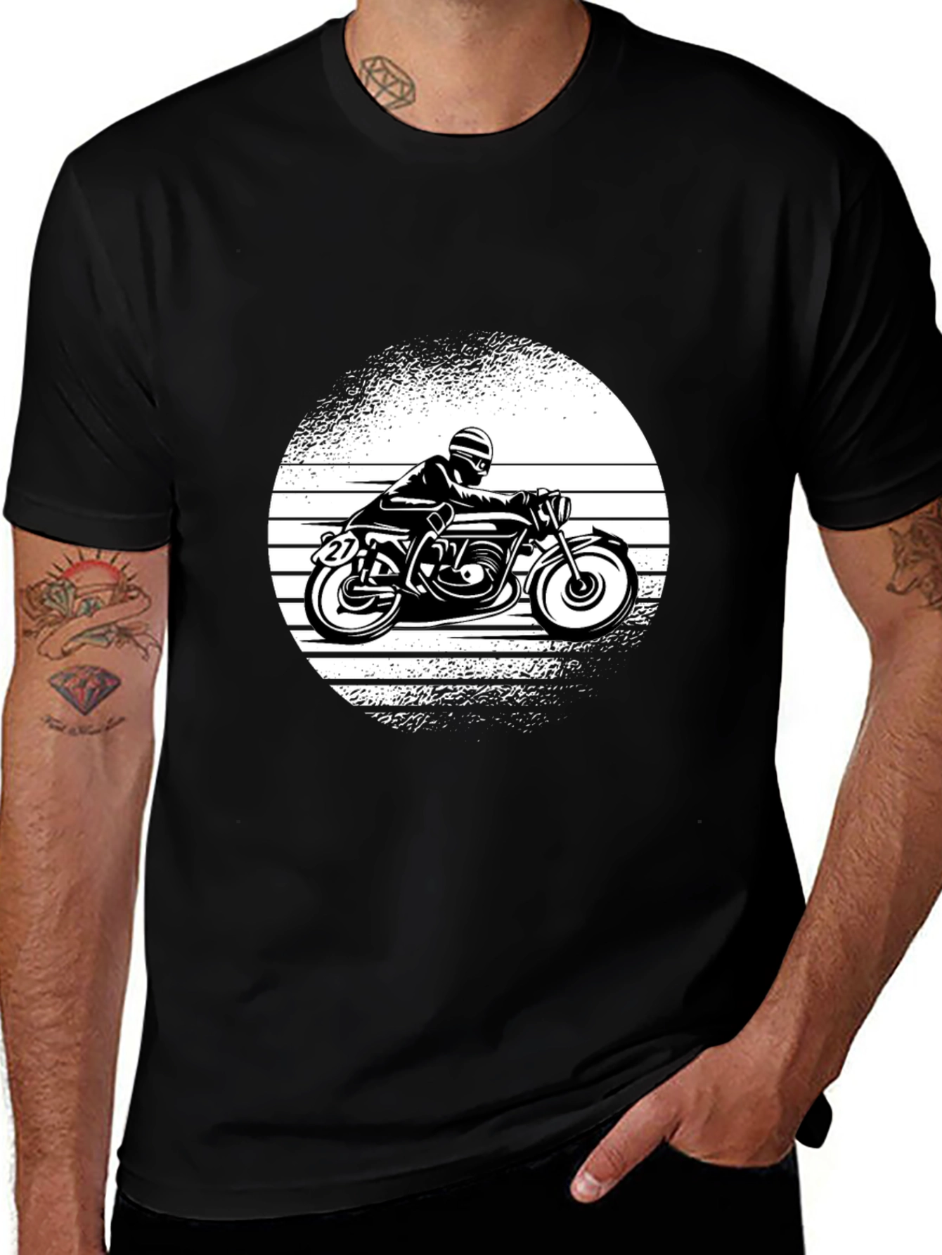 Retro Motorcycle Graphic Tee - Black Cotton
