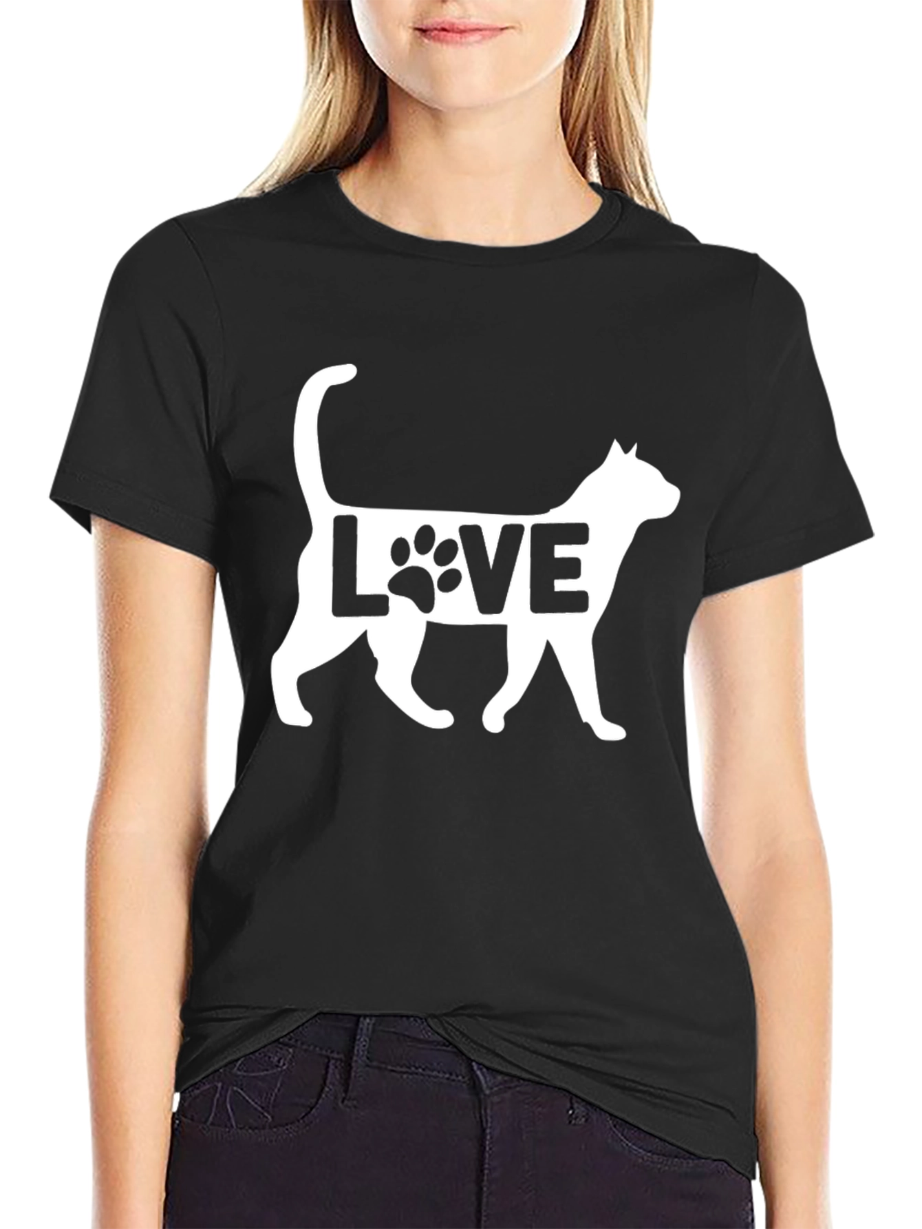 Cat Love Graphic Print Black T-Shirt