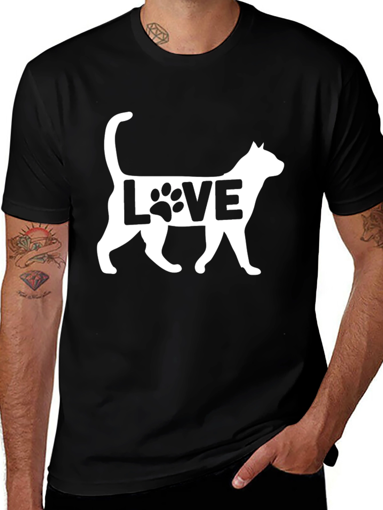 Cat Love Graphic Print Black T-Shirt