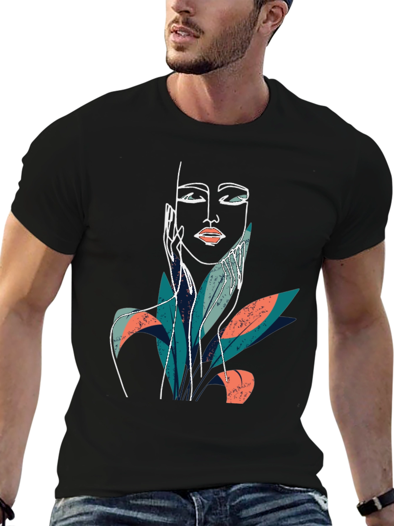 Abstract Face Graphic Print Black T-Shirt