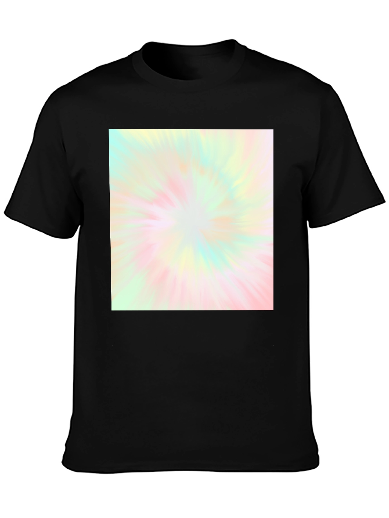 Unisex Black T-Shirt with Pastel Tie-Dye Burst Design