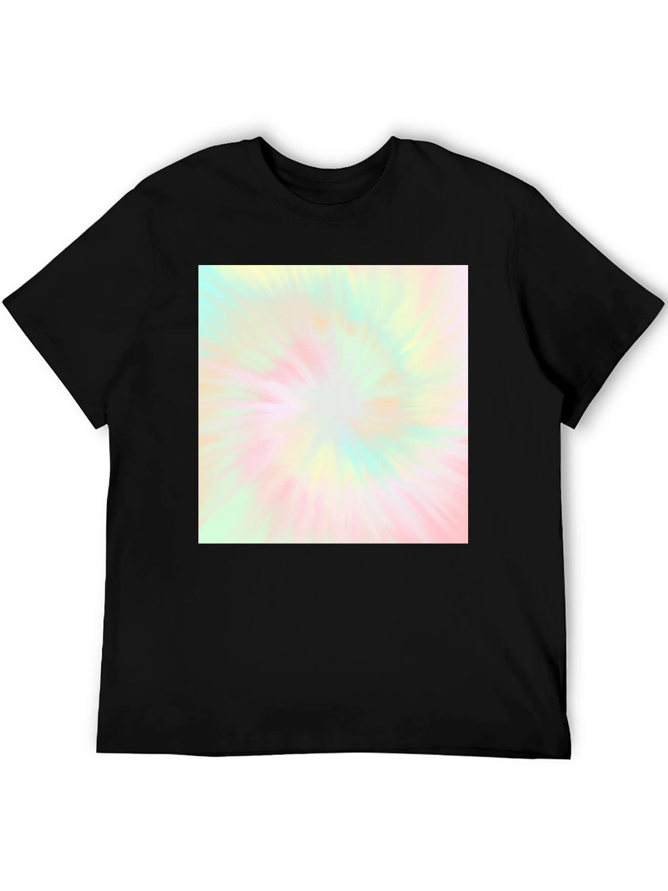 Unisex Black T-Shirt with Pastel Tie-Dye Burst Design