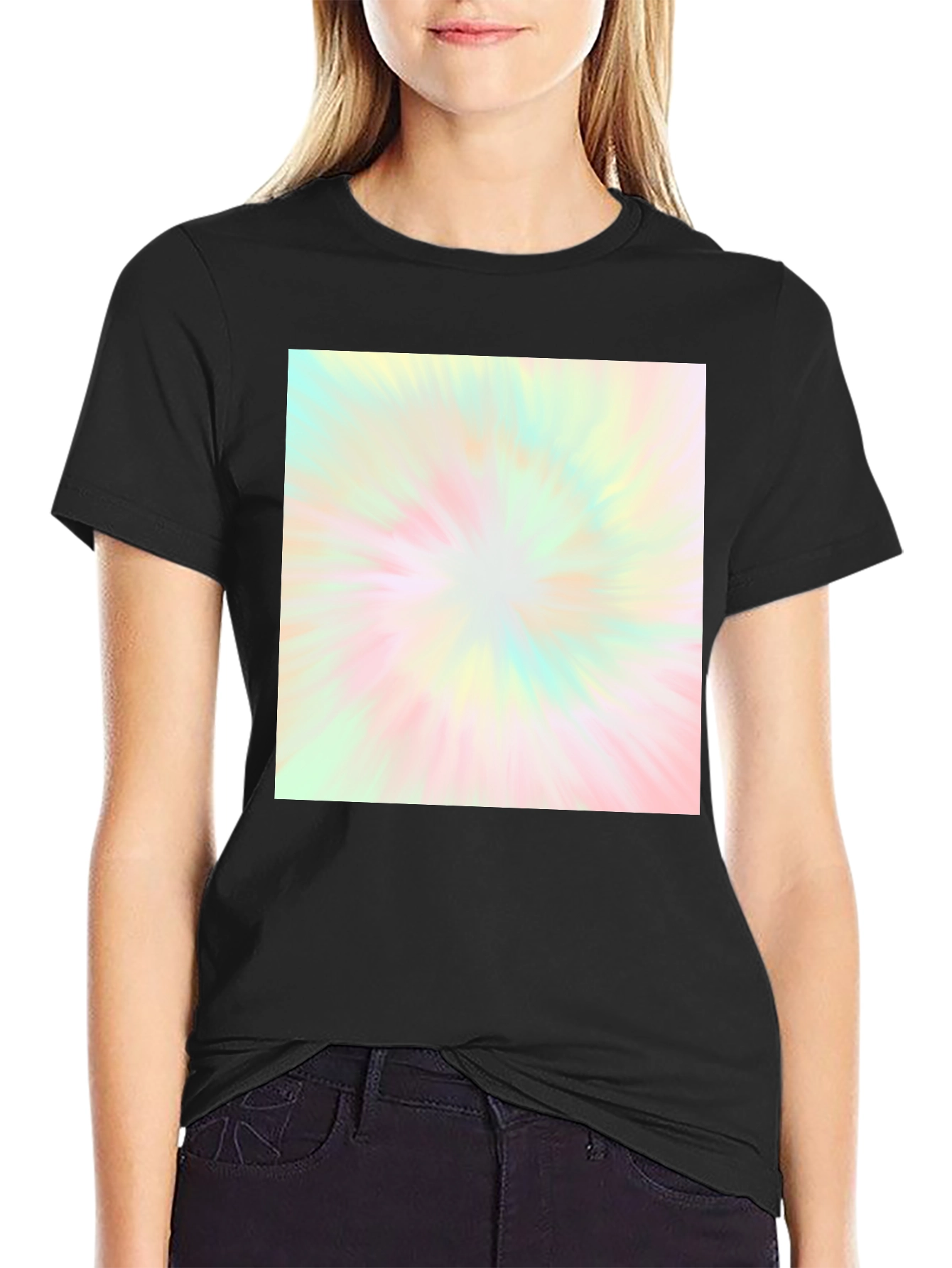 Unisex Black T-Shirt with Pastel Tie-Dye Burst Design