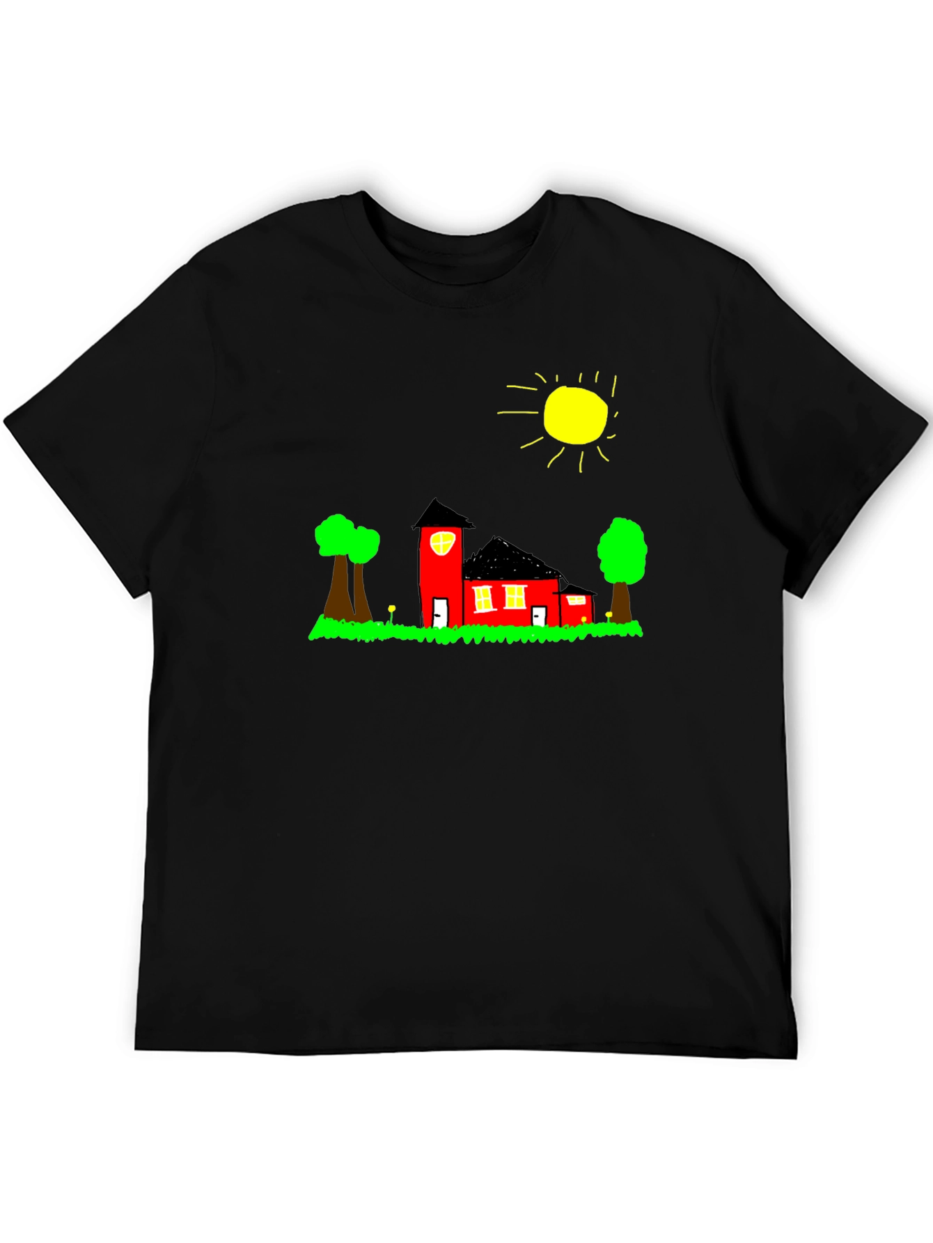 Whimsical House Graphic Tee - Black Cotton