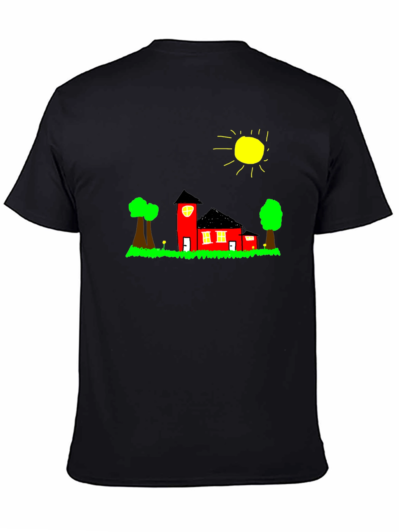Whimsical House Graphic Tee - Black Cotton