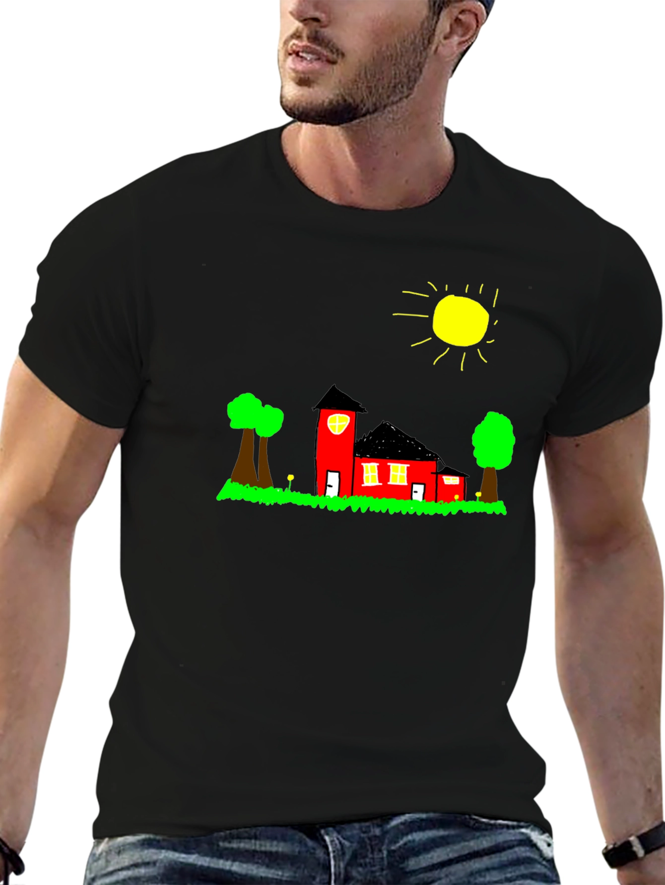 Whimsical House Graphic Tee - Black Cotton