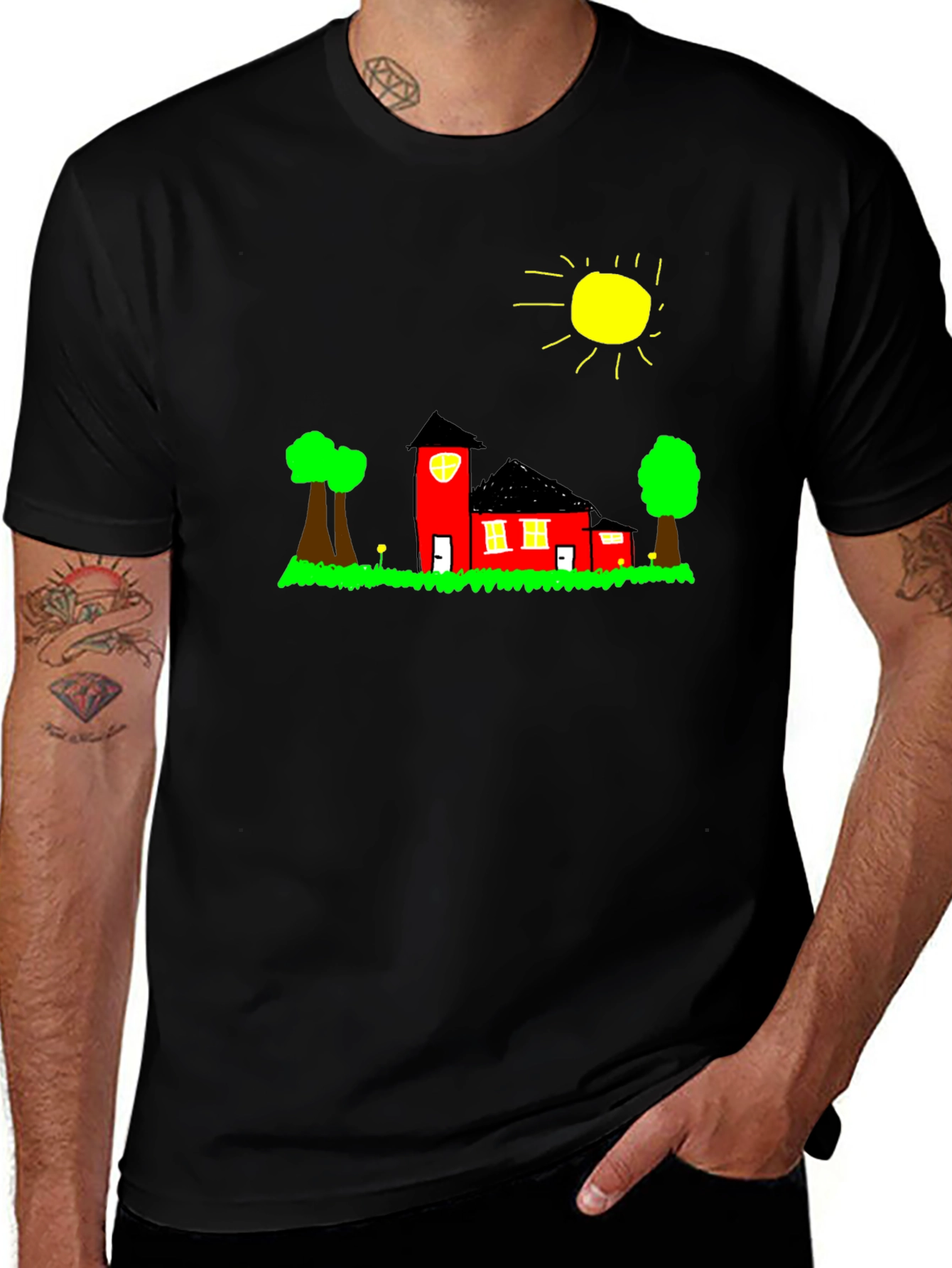 Whimsical House Graphic Tee - Black Cotton