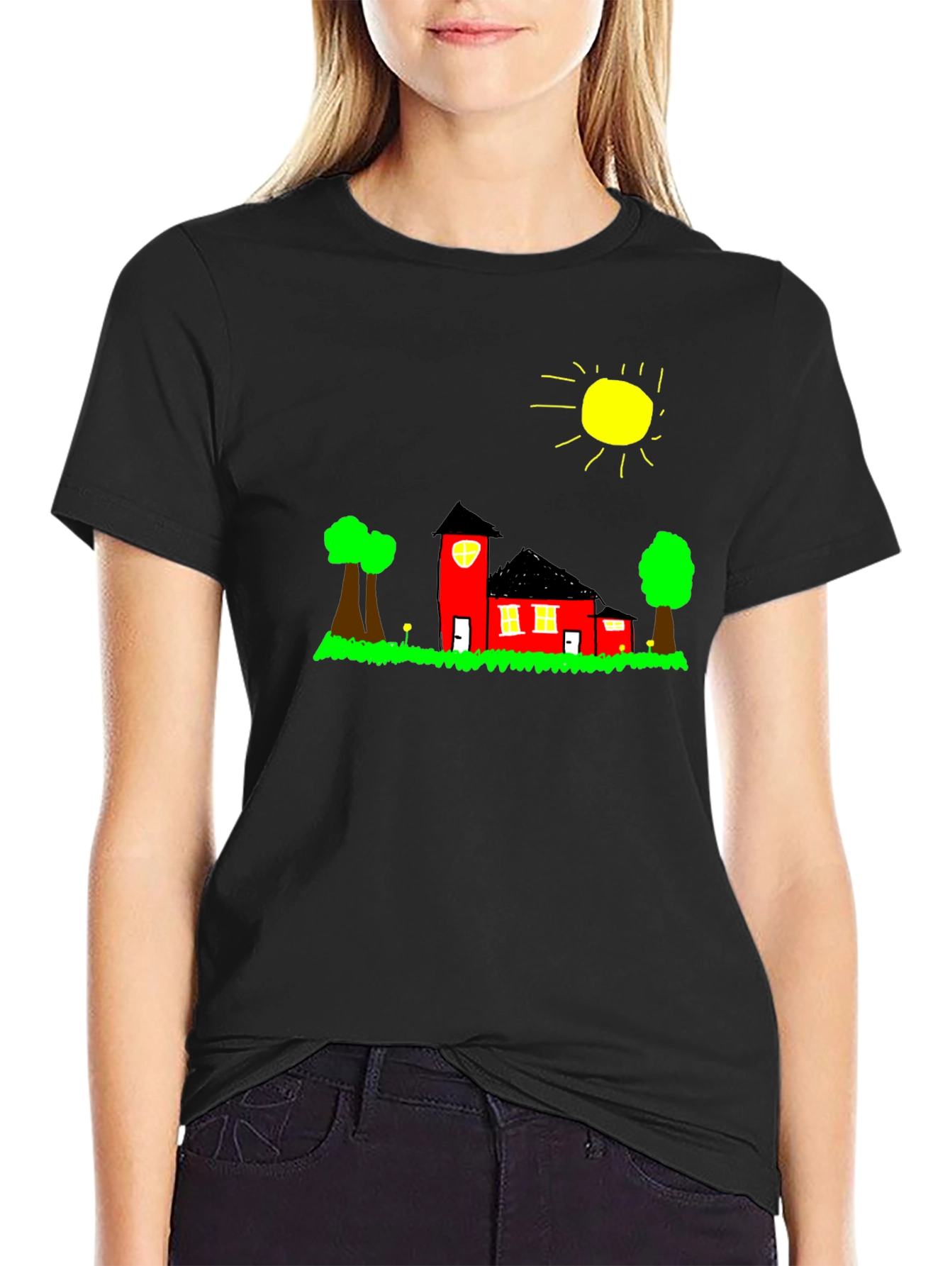 Whimsical House Graphic Tee - Black Cotton