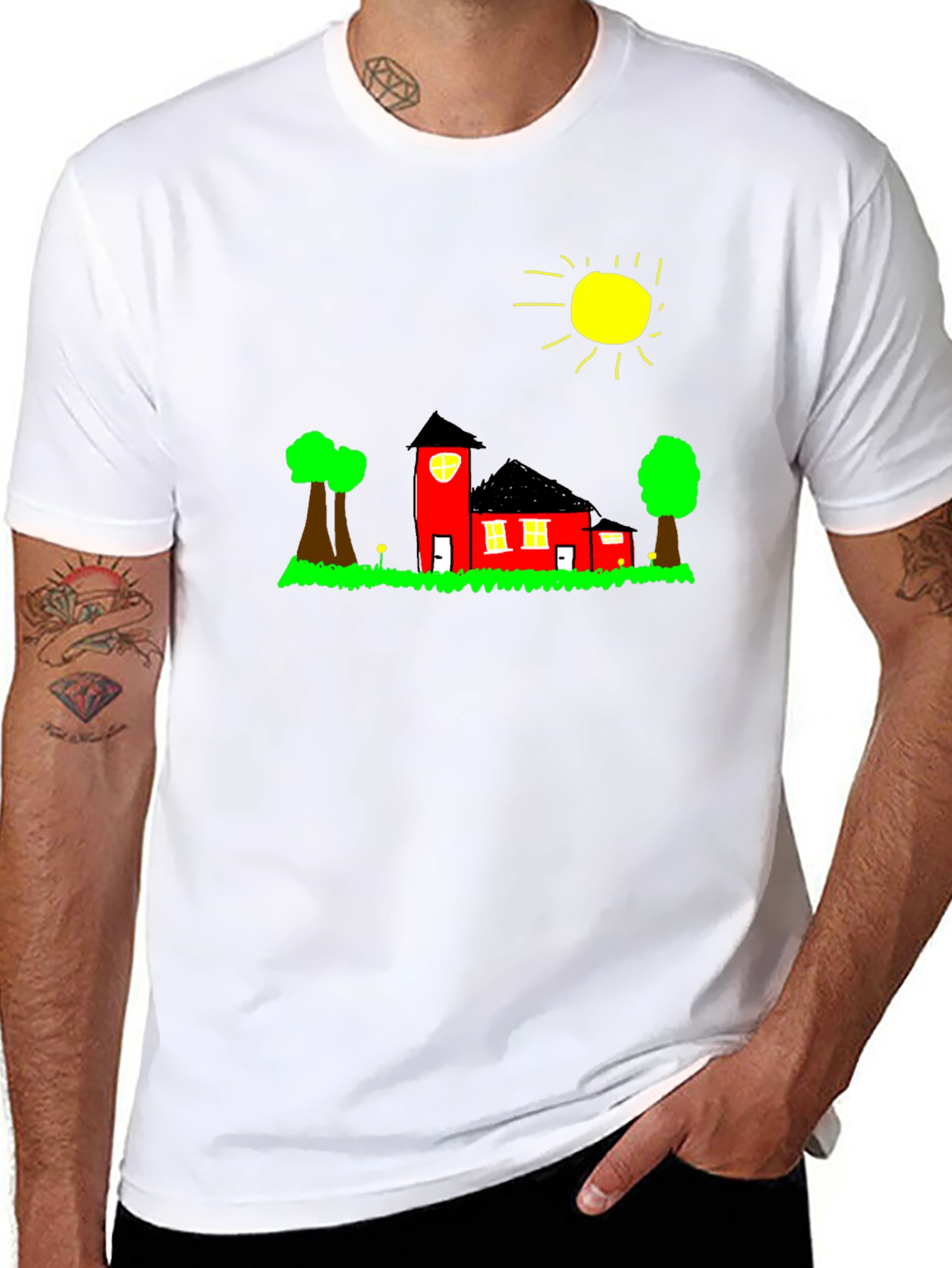 Whimsical House Graphic Tee - Black Cotton