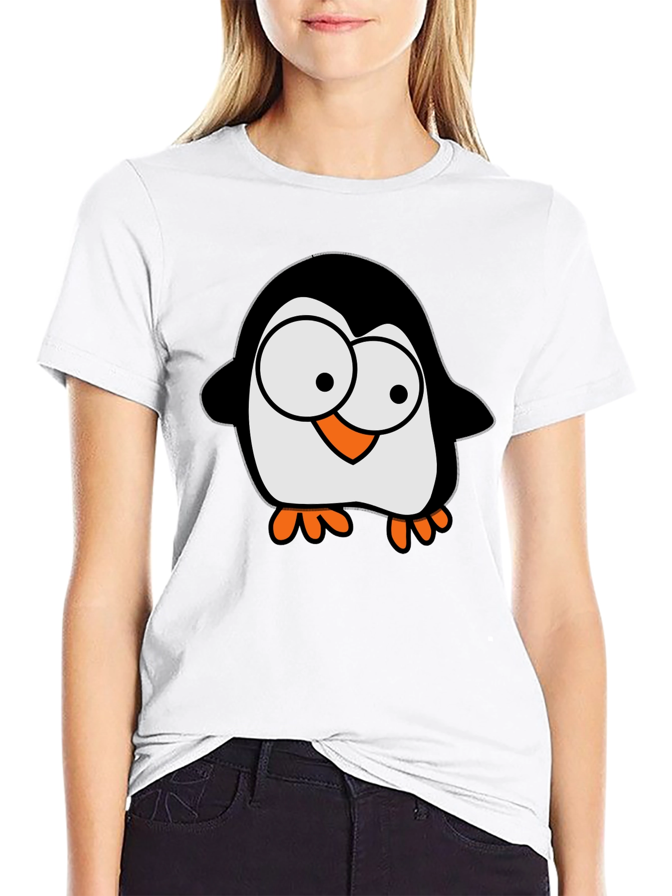 Cartoon Penguin Graphic Tee - Black Cotton T-Shirt